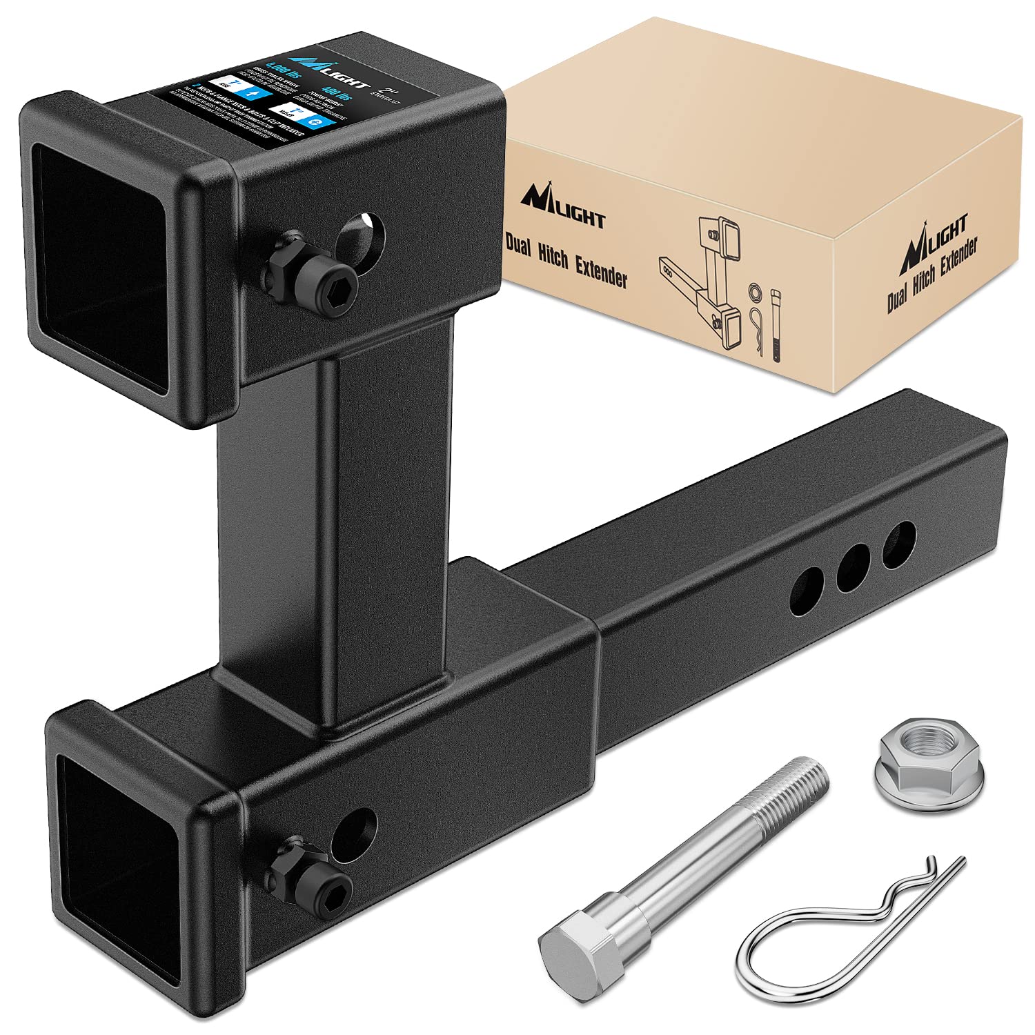 Nilight Dual Hitch Extension With Bolt Nut Kit Fits For 2 Inch Receiver Extender To 10 Inch Max Length Adjust 7-1/2 Inch Riser O