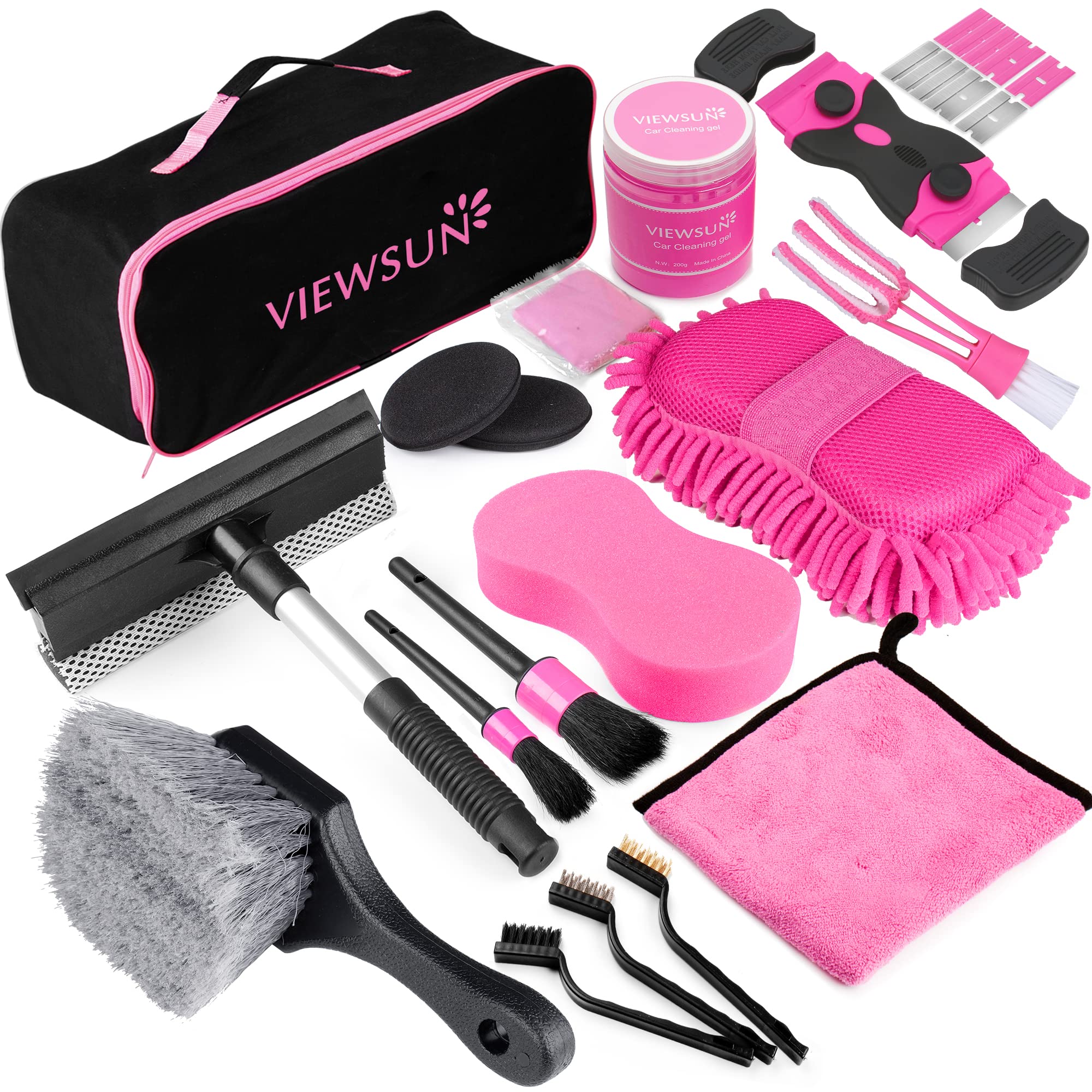 Viewsun 19Pcs Car Cleaning Kit, Pink Car Detailing Kit Interior And Exterior For Women - Cleaning Gel, Razor Blade Scraper, Tire