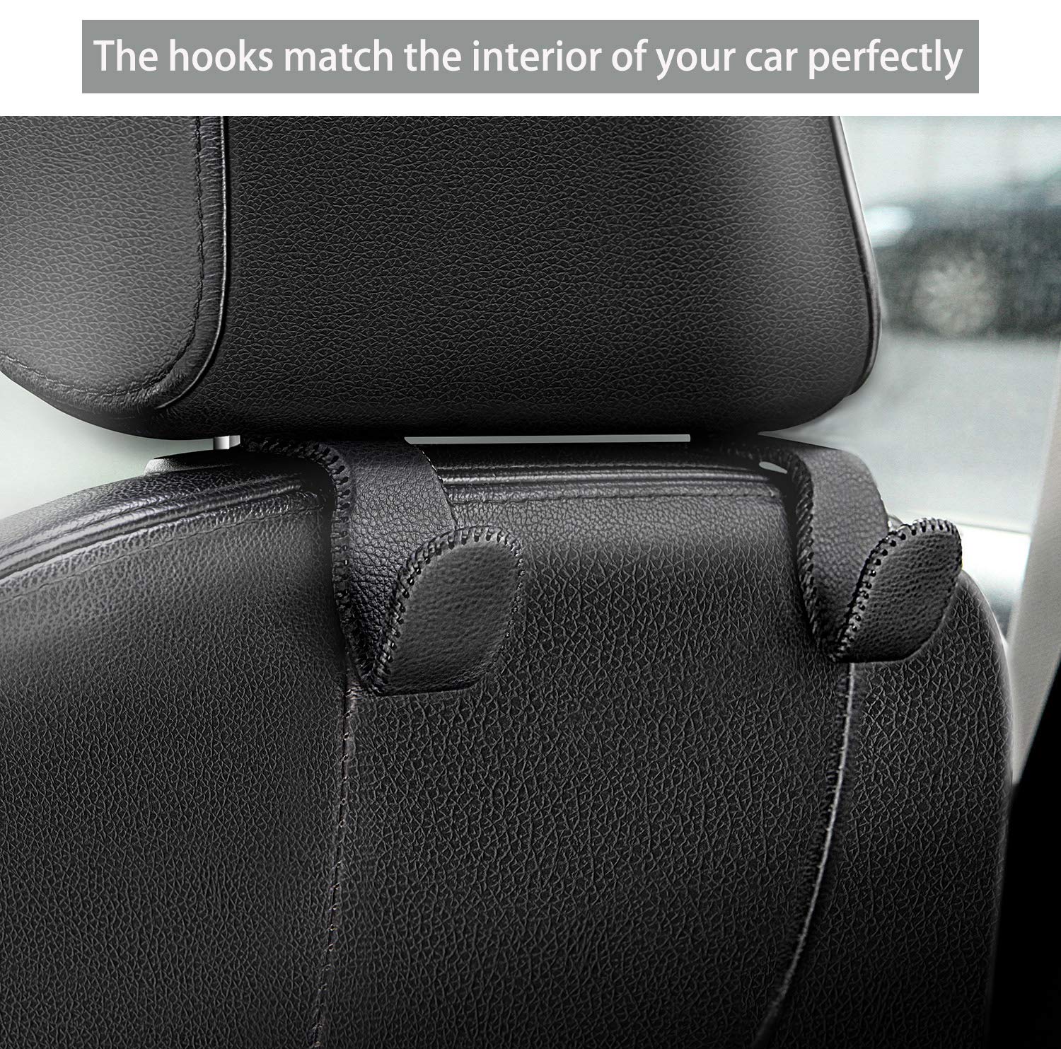 Amvoyoa Headrest Hooks For Car, Back Seat Organizer Black Leather Hanger Holder Hook, For Hanging Purses And Bags And Coats, Pack Of 2