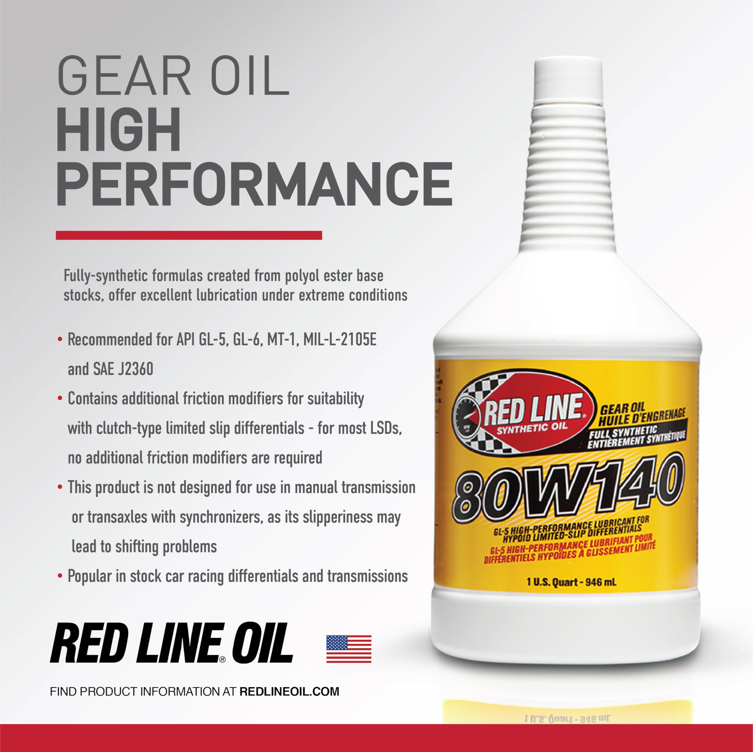 Red Line 58104 80W140 GL-5 Synthetic Gear Oil for Hypoid Limited Slip Differentials - 1 Quart (12 Pack)