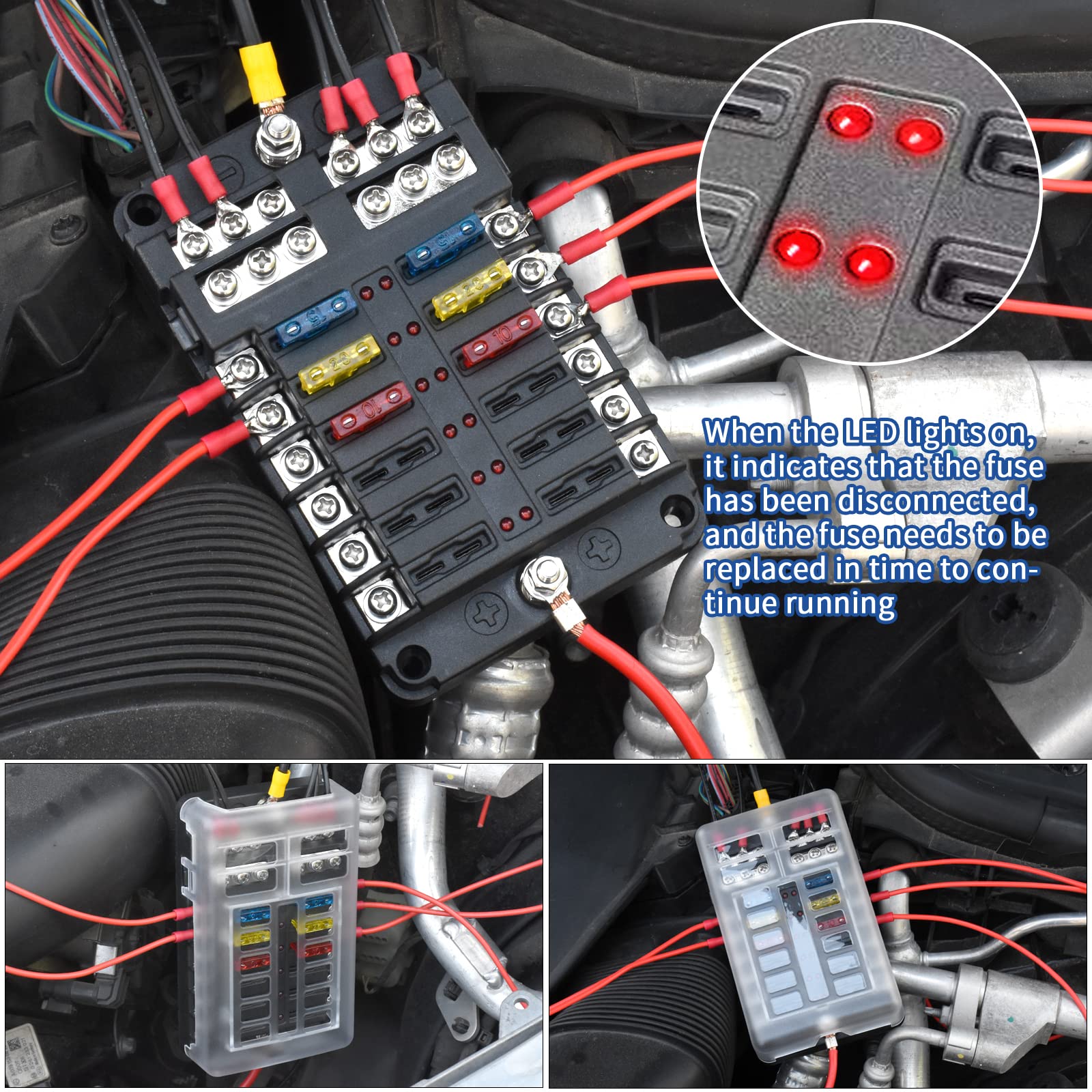 12 Way 12V Fuse Box Blade, 12Volt Fuse Block With Led Indicator Waterproof Cover - 12 Circuit Independent Positive Negative Fuse