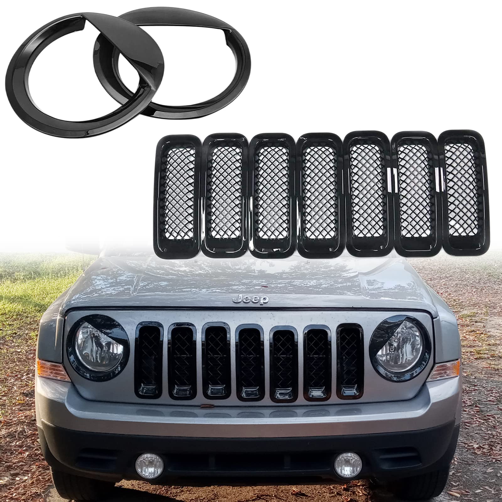 Abs Bezels Front Light Headlight Cover Angry Bird Style & Mesh Grille Grill Insert Kit Trim For Jeep Patriot Accessories 2011-20