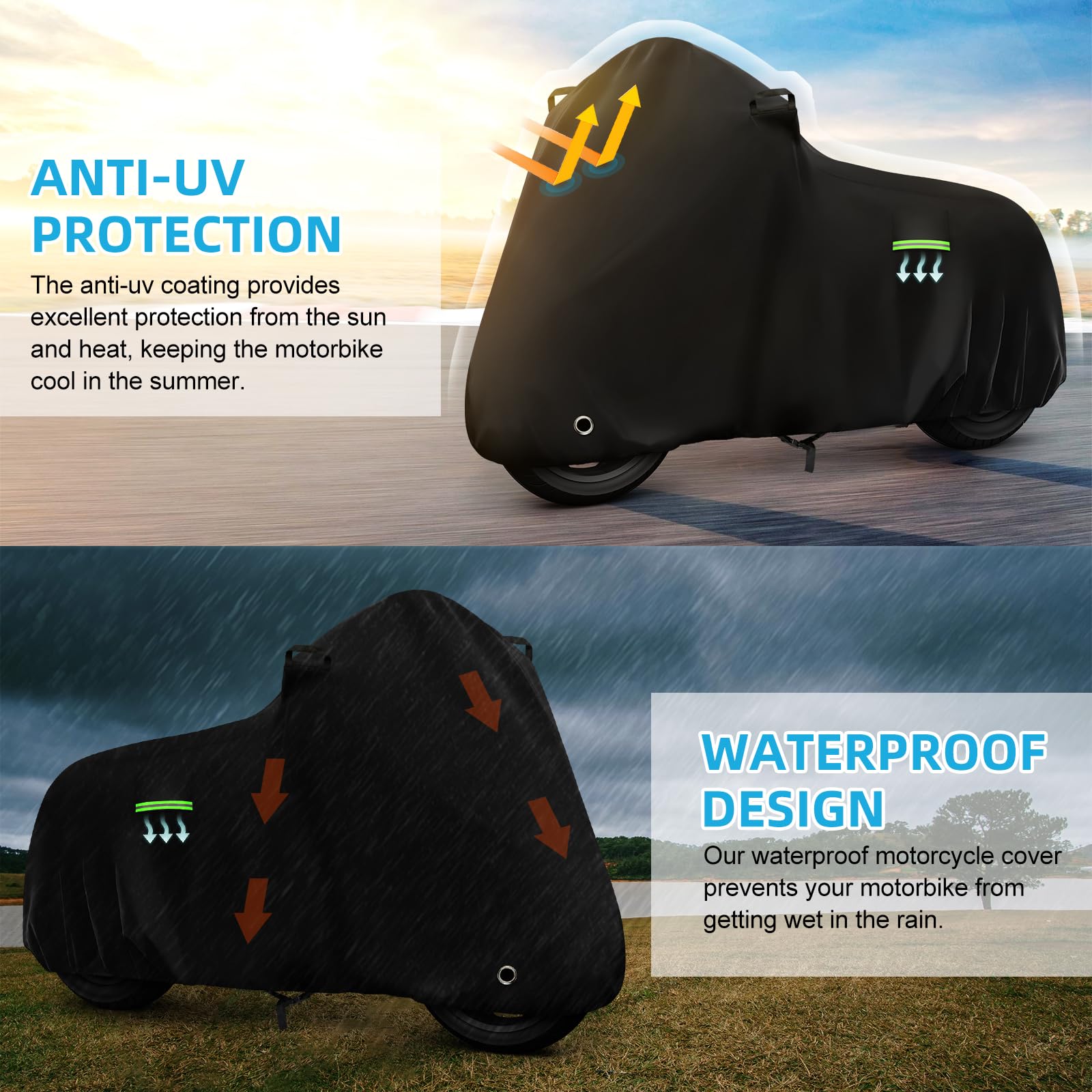 Motorcycle Cover Waterproof for Kawasaki KLR 650/R 1250 GS/Honda Africa Twin/V-Strom 1050XT, Heavy Duty Outdoor Sun UV Rain Dust