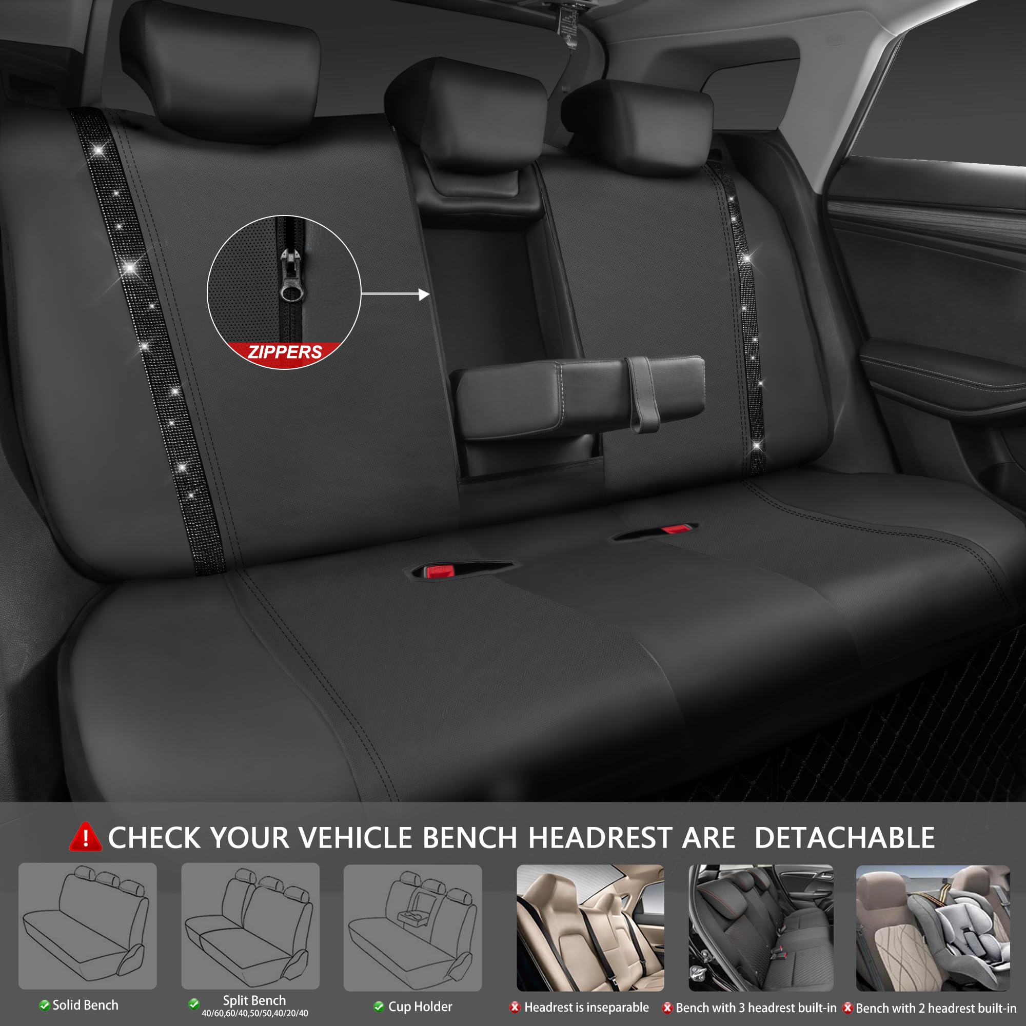 Car Pass Diamond Leather Bling Car Seat Covers Full Set, Shining Rhinestone Waterproof Durable Rear With Zipper, Universal Fit A