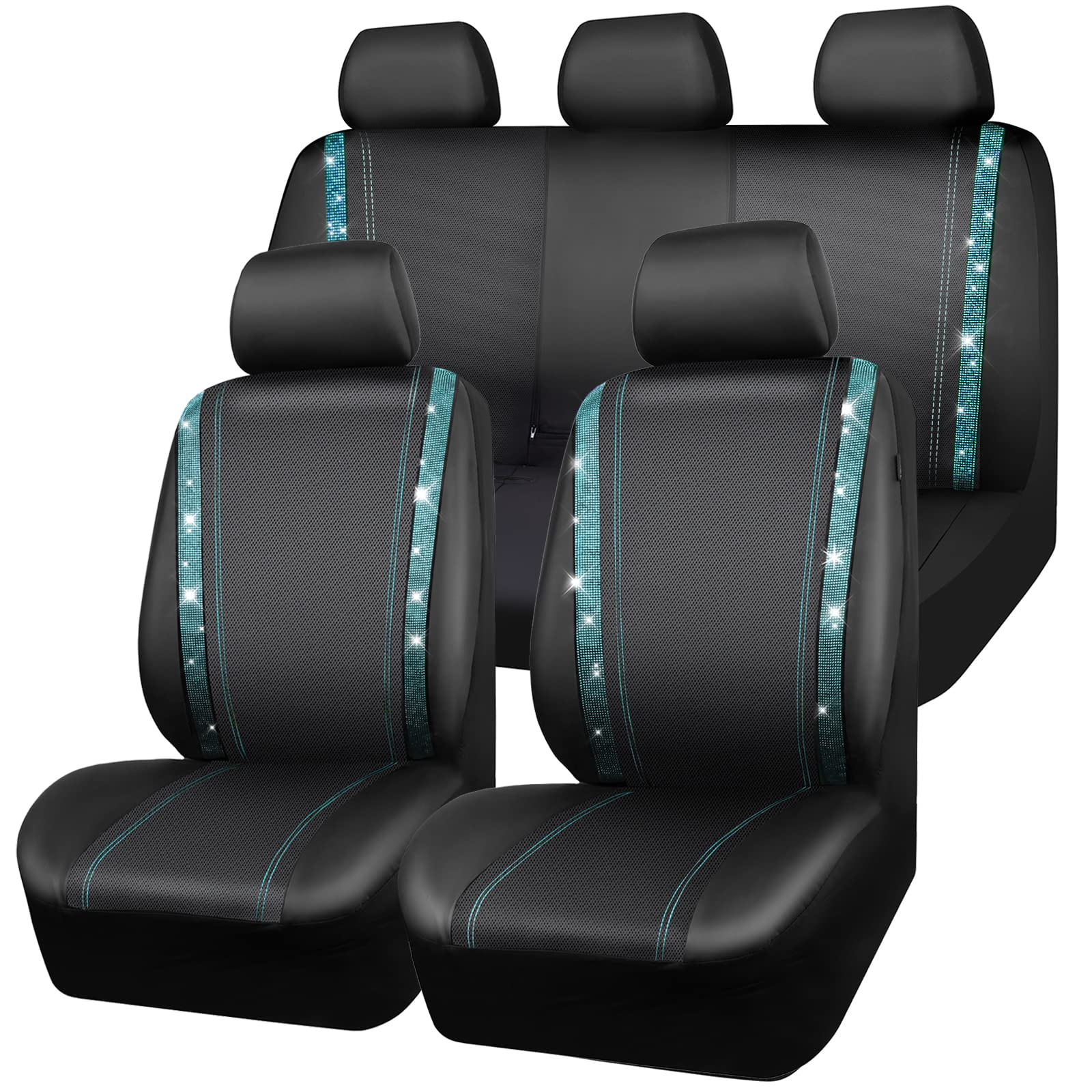 Car Pass Bling Car Seat Covers Full Sets, Shining Rhinestone Diamond Waterproof Leather, Rear With Zipper, Universal Fit Automot