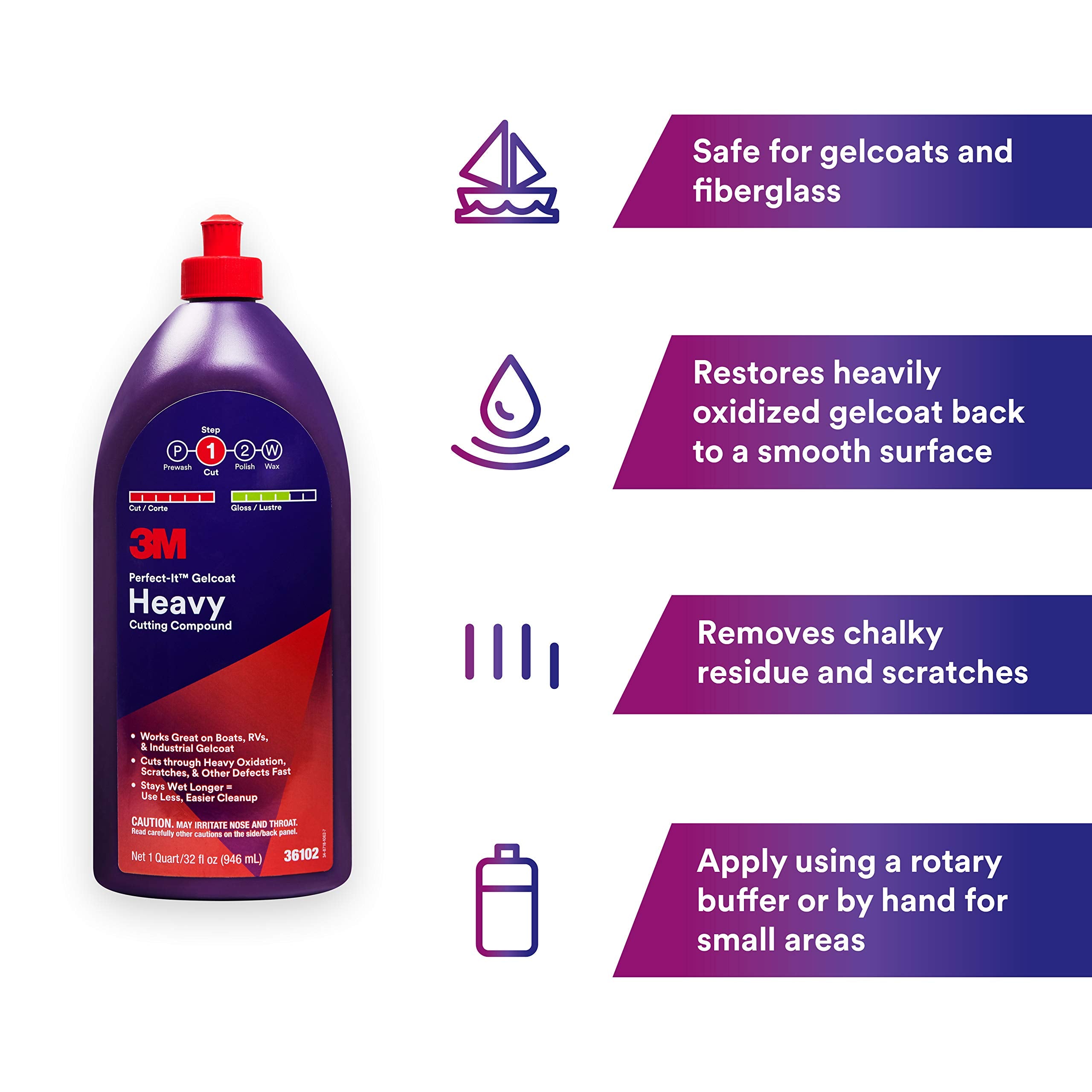 3M Perfect-It Gelcoat Heavy Cutting Compound, 36102, 1 Quart, Fiberglass Oxidation Remover For Boats And Rvs