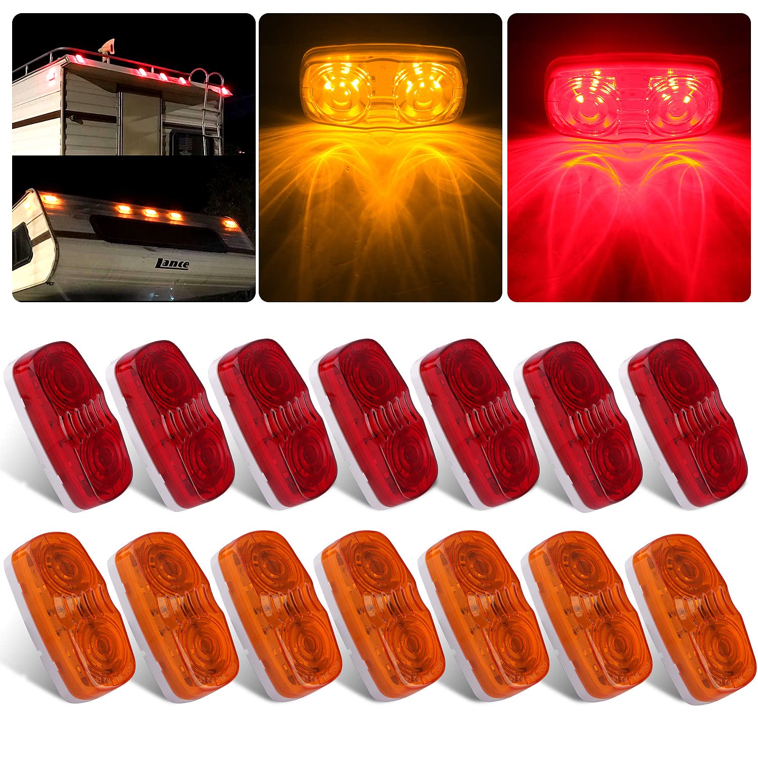 Konrali 14Pcs Double Bullseye Led Marker Lights 10 Led, 2X4 Rectangle Led Trailer Marker Lights Red/Amber Surface Mount 12V Airstreams Rv Camper Led Marker Clearance Lights Sealed (7 Amber+ 7 Red)