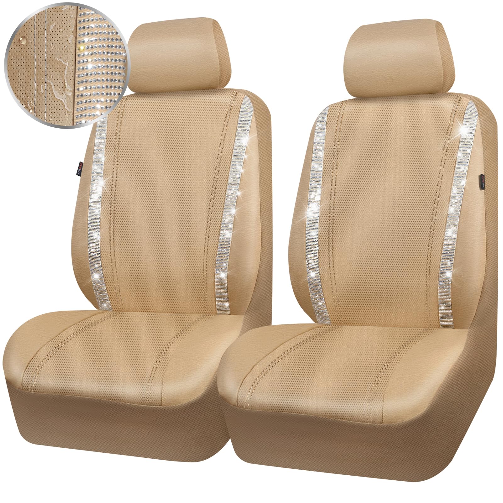 Car Pass Cow Diamond Leather Bling Car Seat Covers Universal, Faux Shining Rhinestones Two Front Only, Fit 95% Automotive Glitte