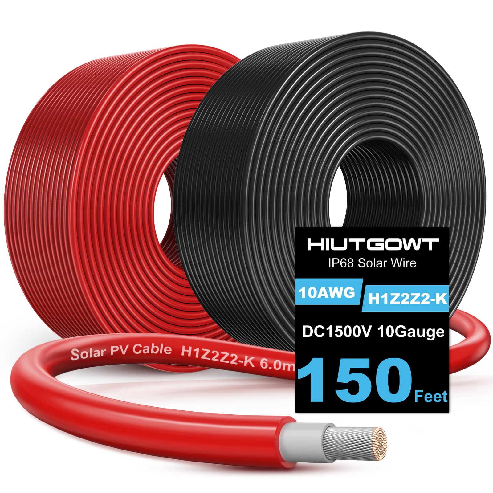 Hiutgowt 10AWG Solar Wire, Solar Cable 150Ft, Solar Extension Cable, 10 Gauge Tinned Copper PV Wire for Home Roofs Boat Automoti