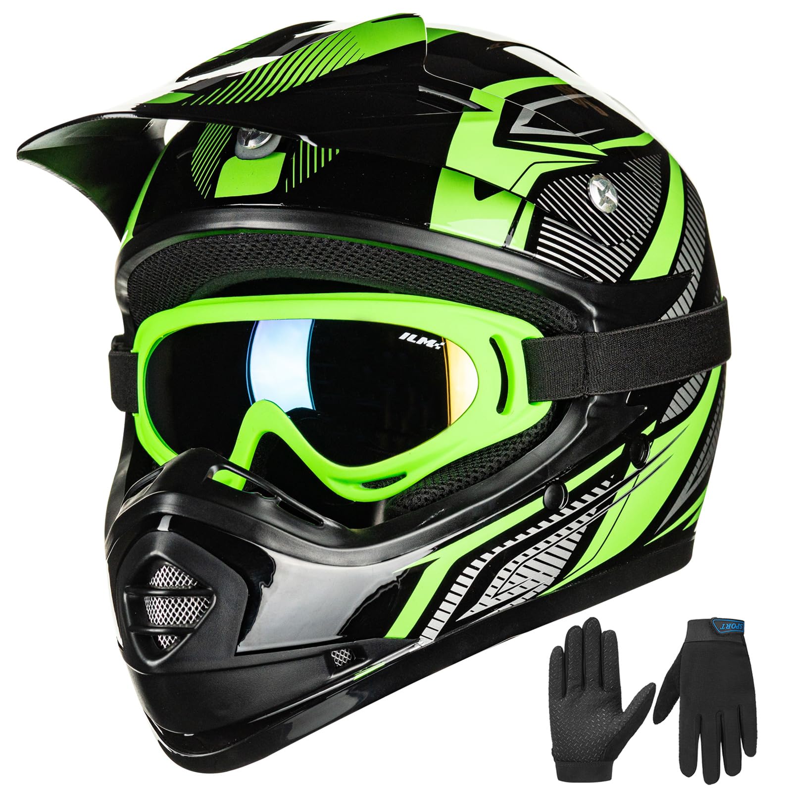 Ilm Youth Kids Atv Motocross Helmet Goggles Sports Gloves Dirt Bike Motorcycle Off Road Dot Approved B07 (Youth-Xl, Green/Silver