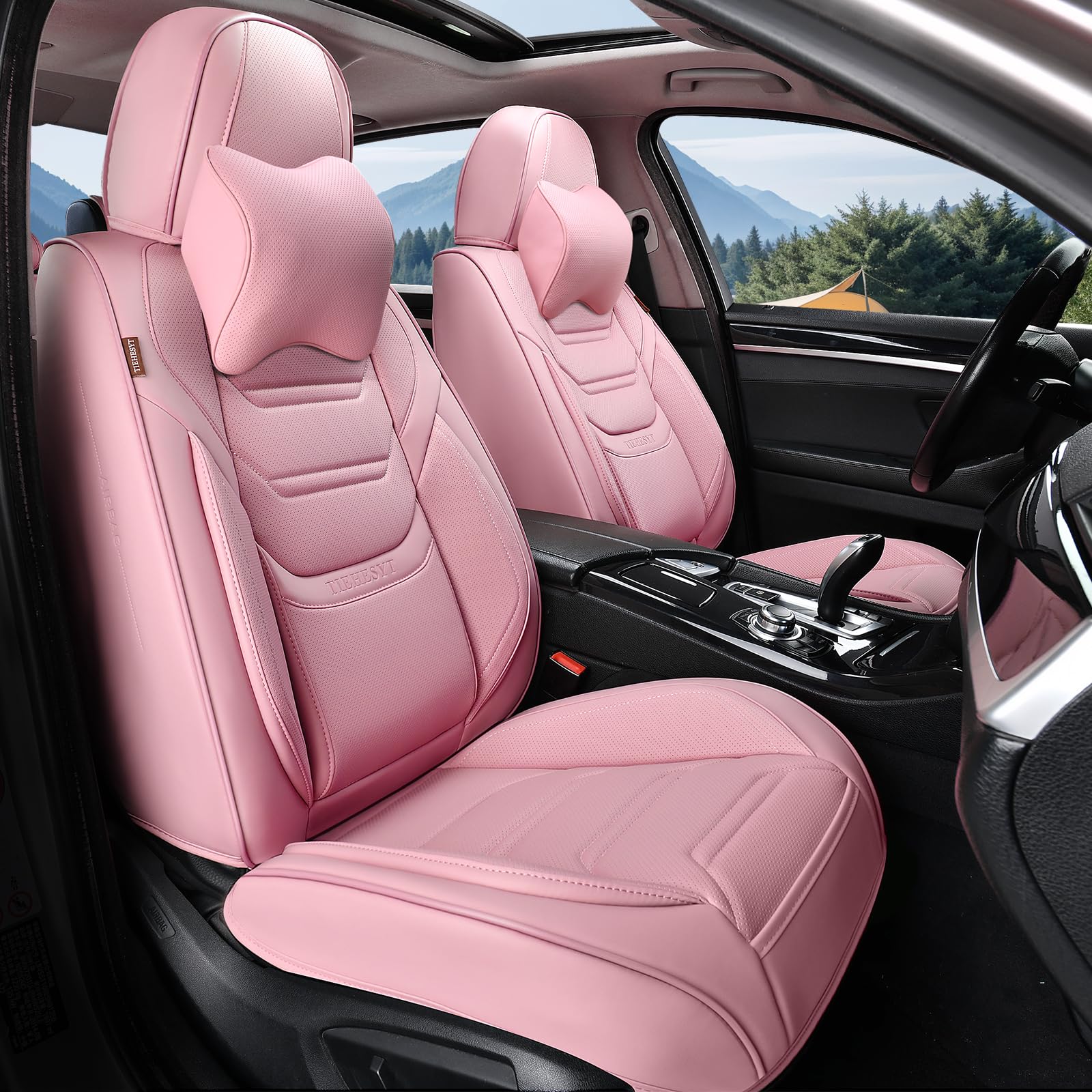 Tiehesyt Pink Car Seat Covers Front Pair, Breathable Leather Automotive Front Seat Covers & Headrest, Auto Seat Cover, Compatibl