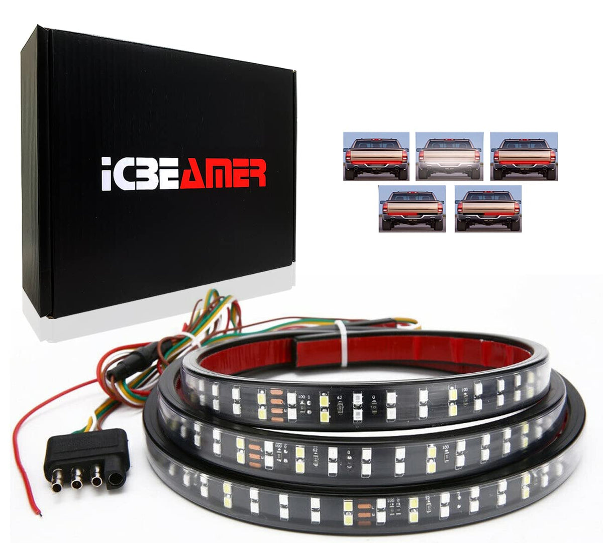 Icbeamer Double Row 60 Inch 504 Pcs Led For Pick Up/Truck Tailgate Light Bar Side Bed Light Strip Bar Ip67 Waterproof Reverse- 5 Functions Tail/Brake/Sequential/Turn Signals/Reverse