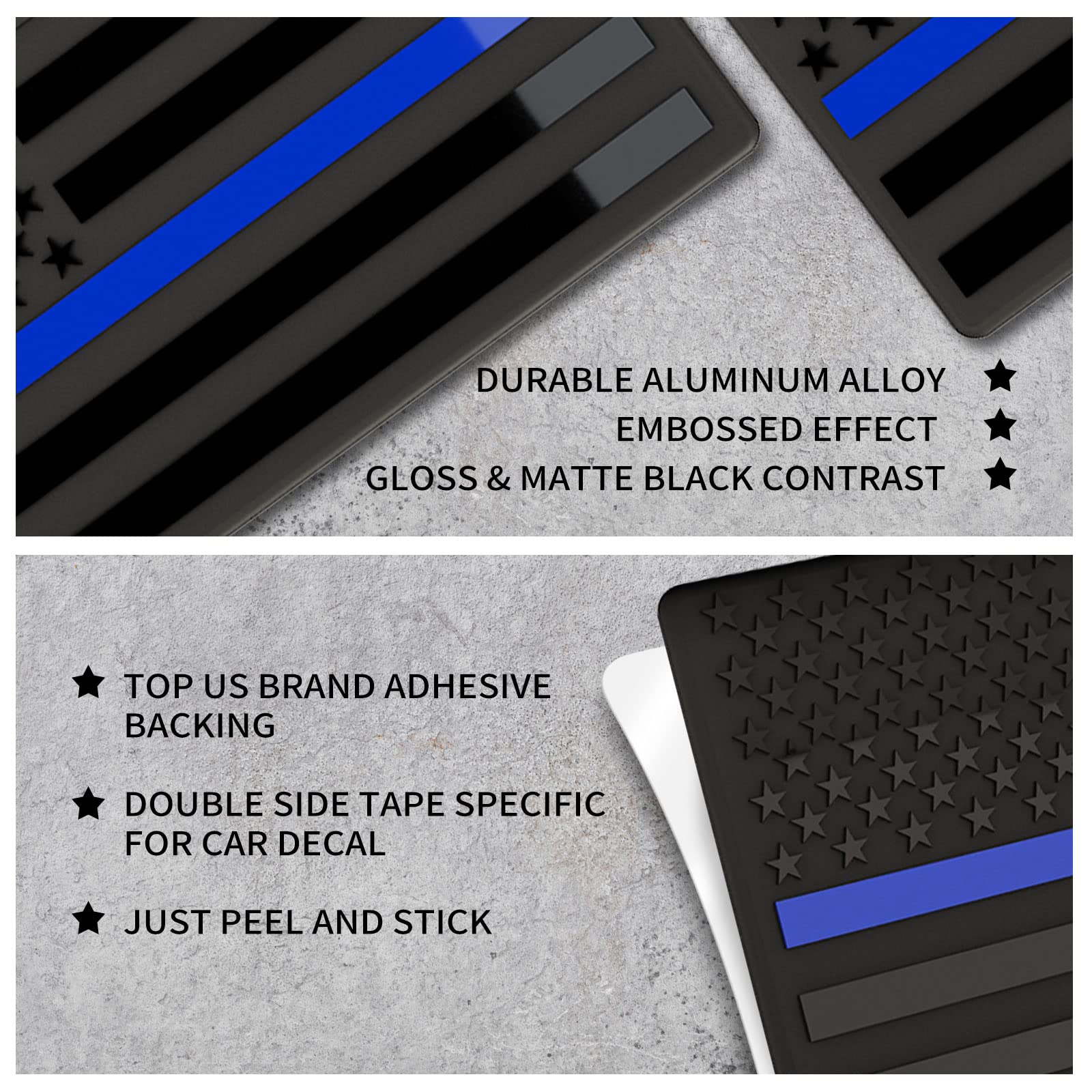 Embossed 3D Metal Thin Blue Line All Black American Flag Emblem Decal Stickers (1 Pair), Matte Black 5' X 3' Patriotic Usa Us Flag Decals For Car, Truck, Motorcycle Honoring Police Law Enforcement