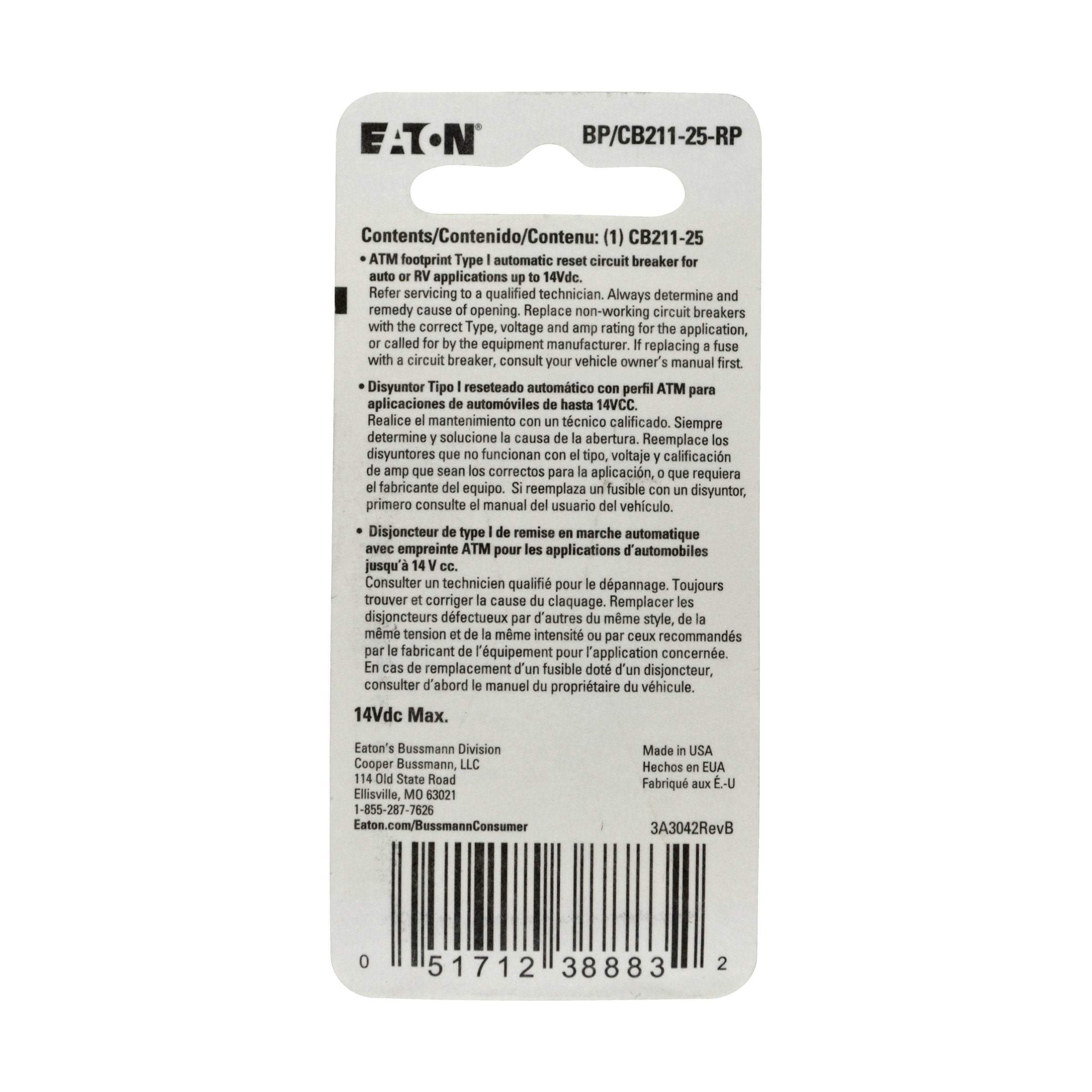 Bussmann (Bp/Cb211-25-Rp) 25 Amp Type-I Atm Mini Circuit Breaker