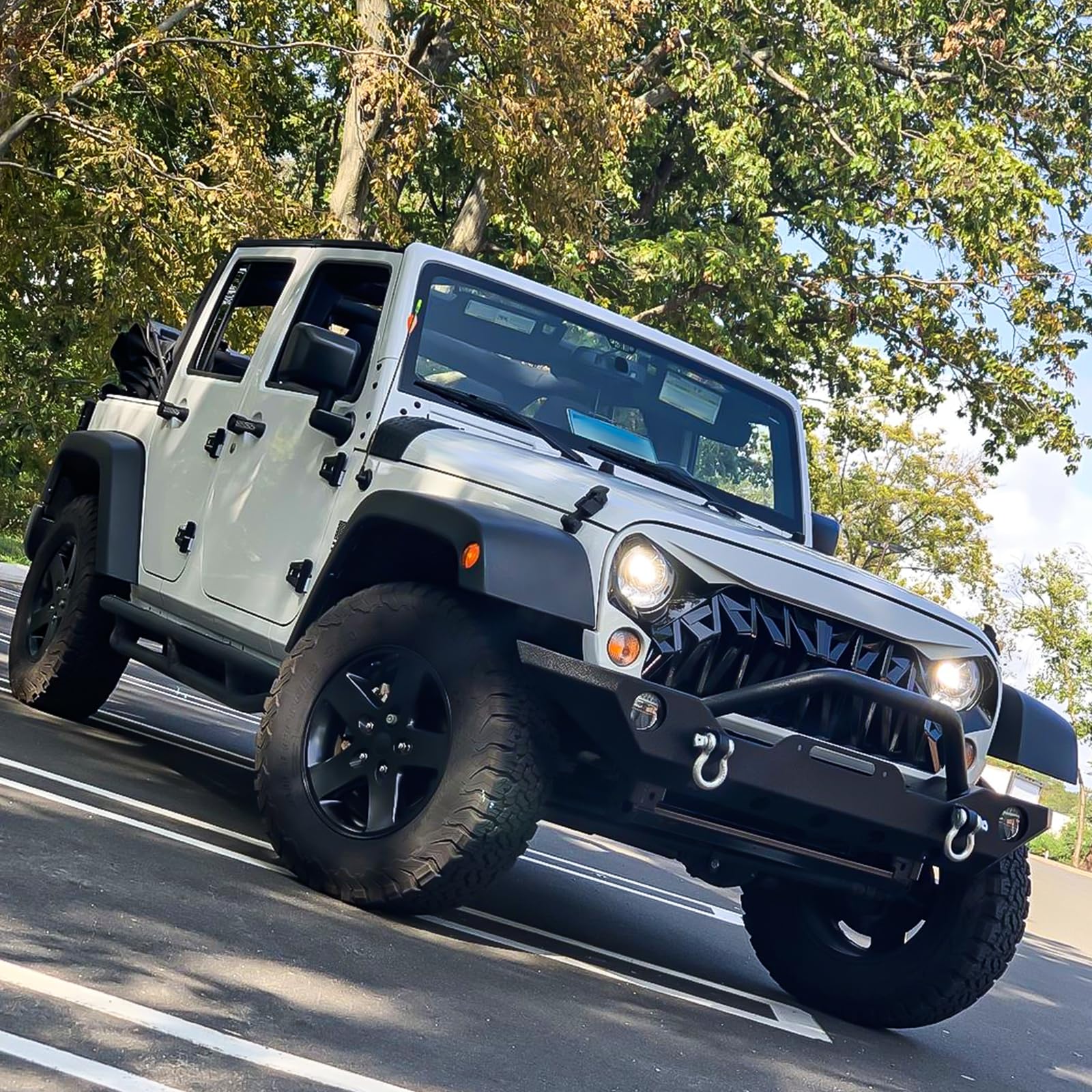 ICARS Front Grill Shark Grille for 2007-2018 Jeep Wrangler JK JKU - White and Black, ABS Material, Model ICARS12JEEP009-P