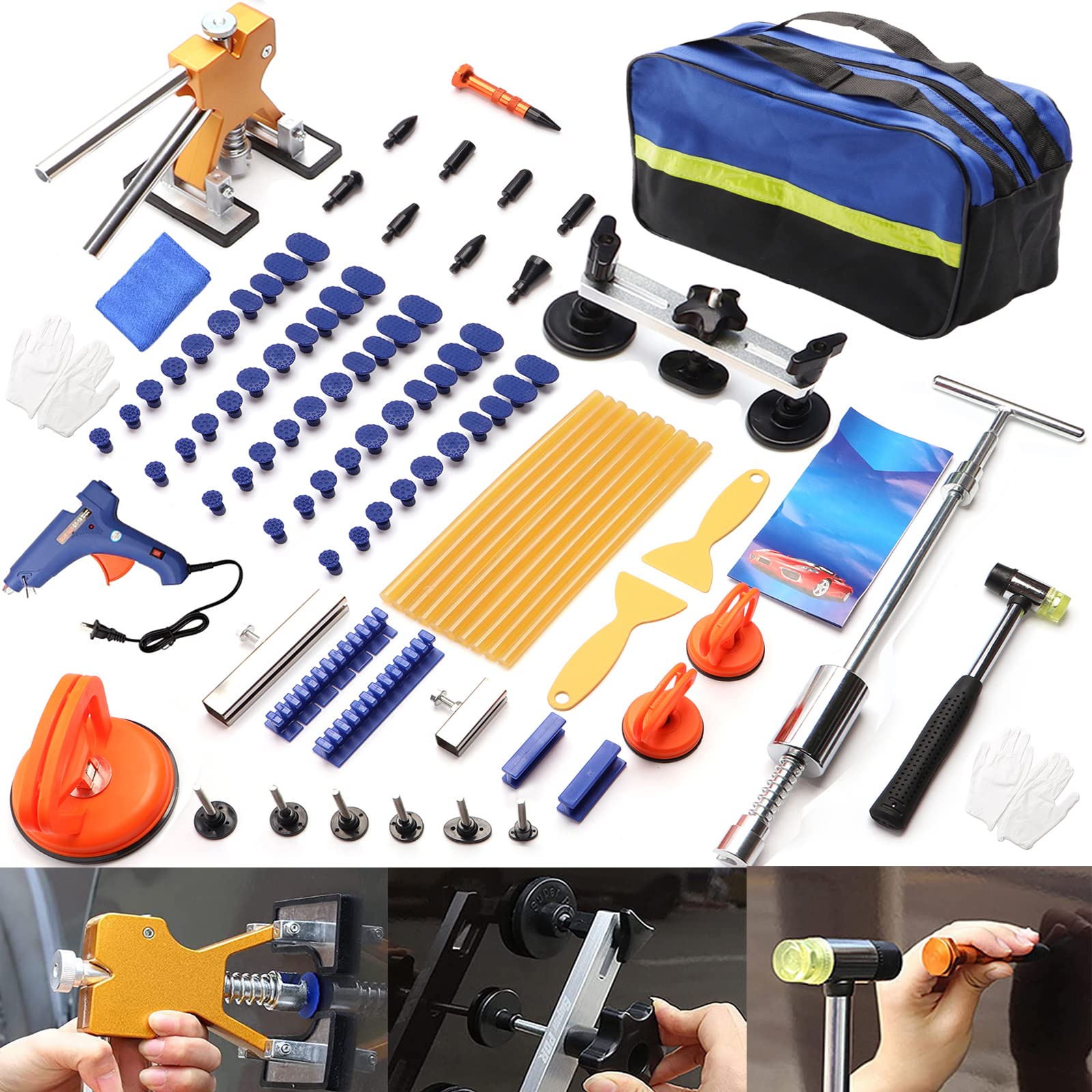 Jerbor 97PCS Car Dent Puller Kit, Paintless Dent Repair Kit with Golden Lifter, T-bar Dent Puller, Bridge Puller, for SUV RV Tru