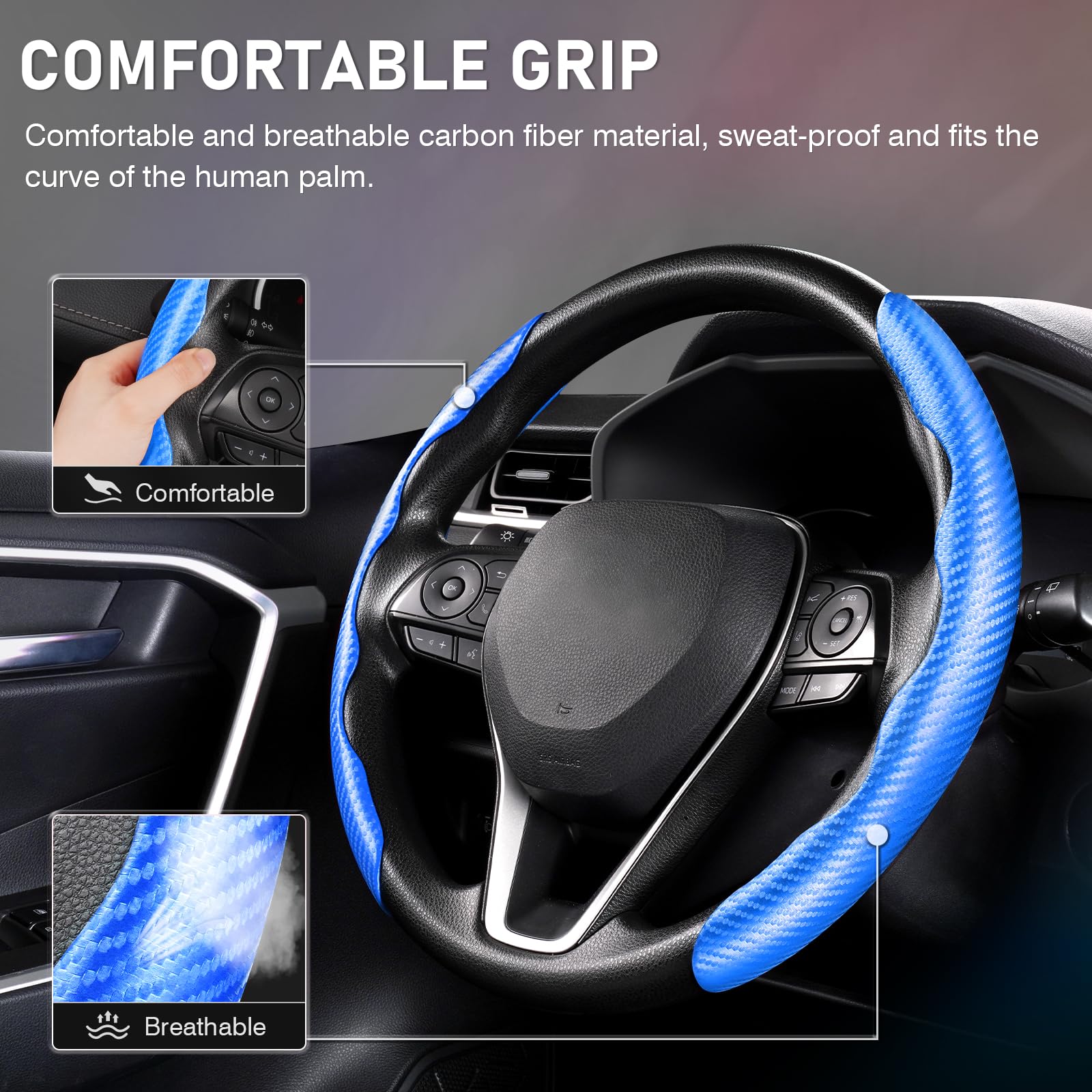 Cartist Steering Wheel Cover, Carbon Fiber Steering Wheel Cover, Car Steering Wheel Cover For Men/Women, Anti-Slip, Comfortable Grip, Durable, Universal For 99% Car Interior Accessories (Blue)