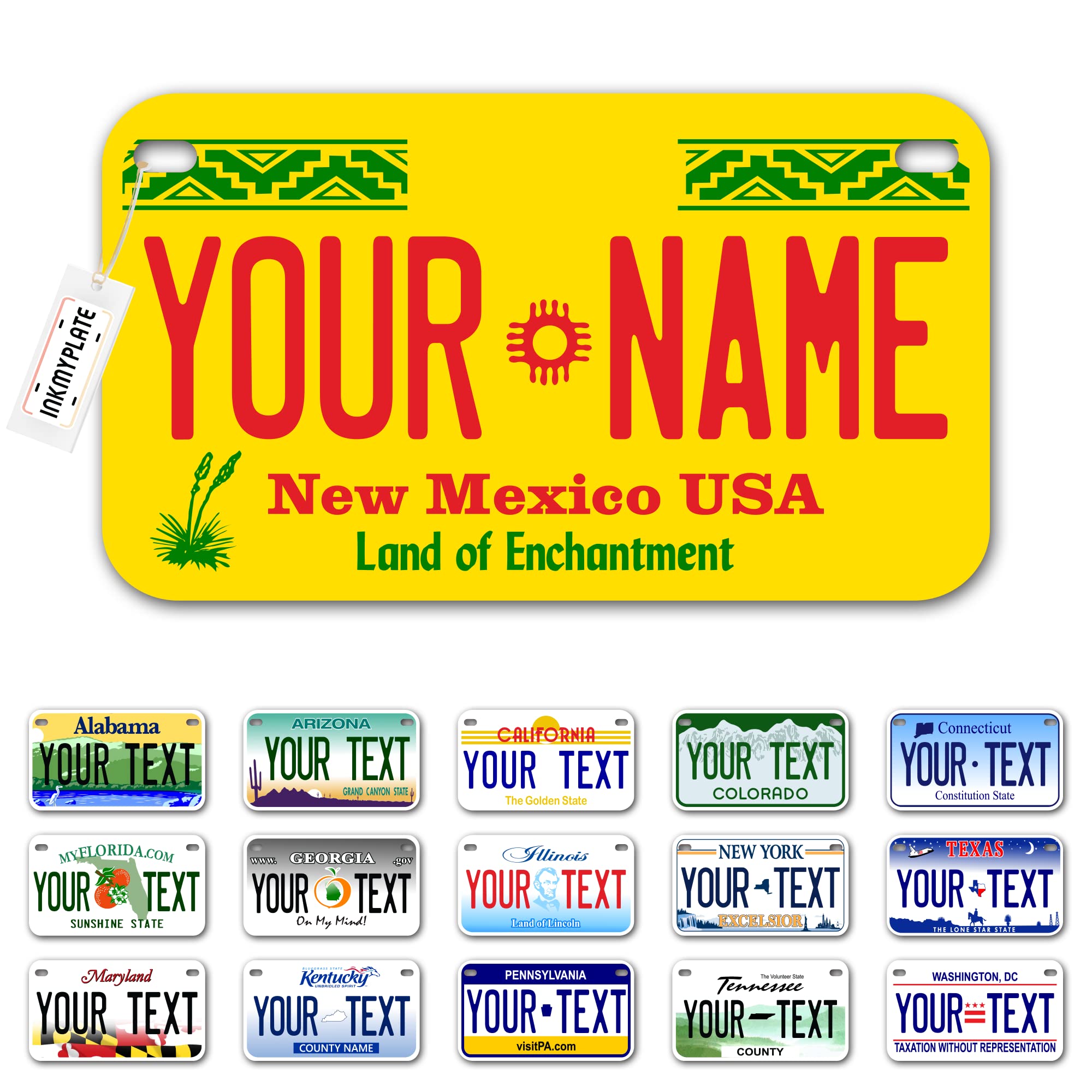 Inkmyplate Personalized New Mexico Small License Plate | Motorcycle 7X4 In | 3 Sizes | Custom License Plates For Kids Bicycles | Power Wheels | Wagons | Atv | Usa Thick .040 Aluminum