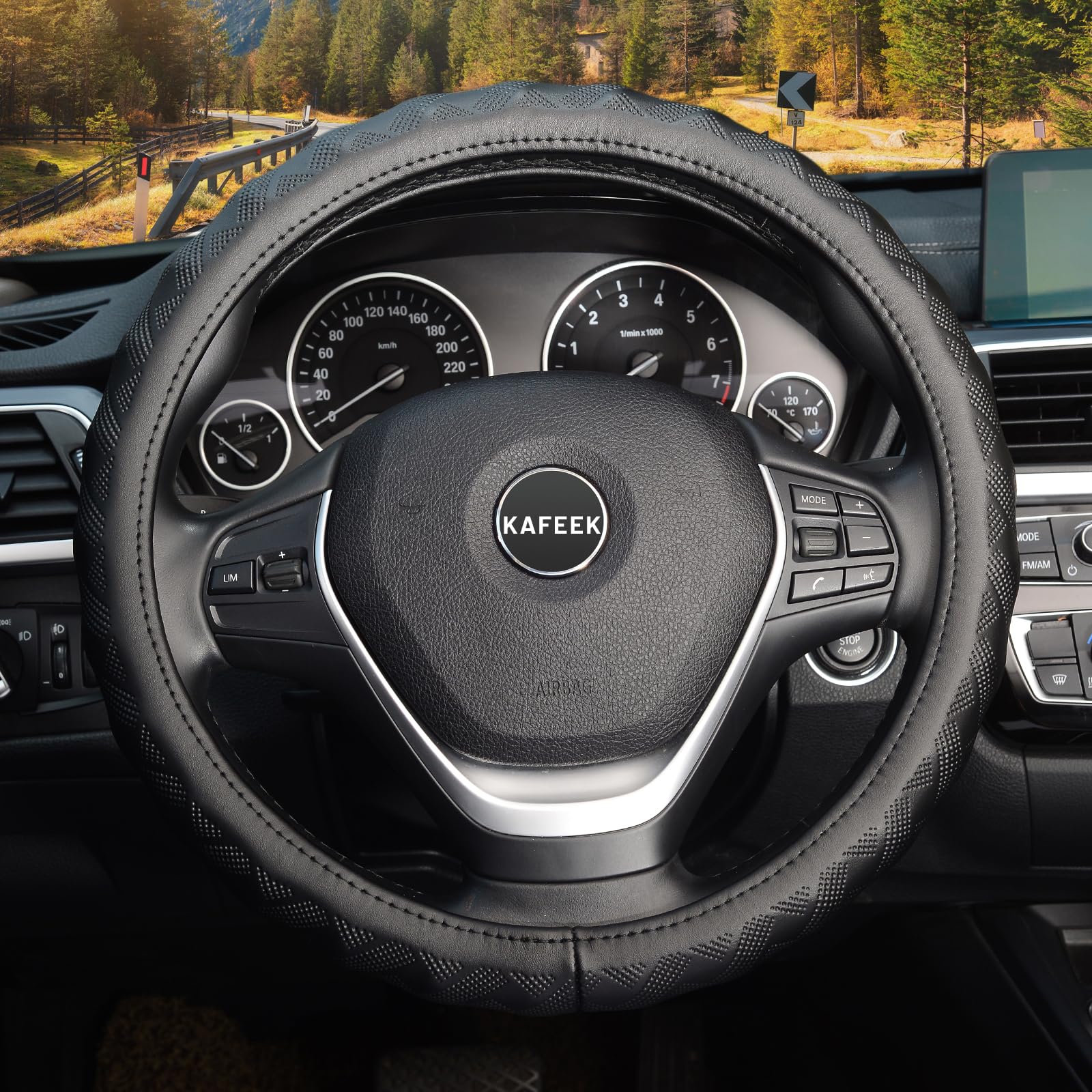 Kafeek Steering Wheel Cover, Universal 15 Inch, Microfiber Leather, Bamboo Weave Style,Breathable Non-Slip,Black