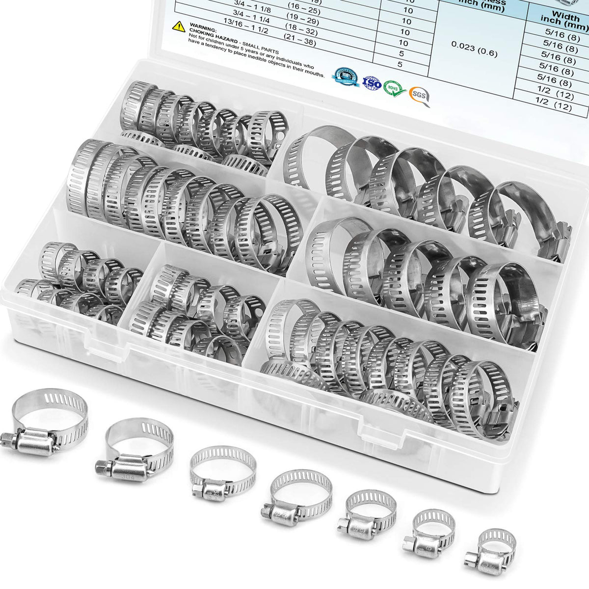 Ticonn 60Pcs Hose Clamp Set - 1/4''-1-1/2'' 304 Stainless Steel Worm Gear Hose Clamps For Pipe, Intercooler, Plumbing, Tube And