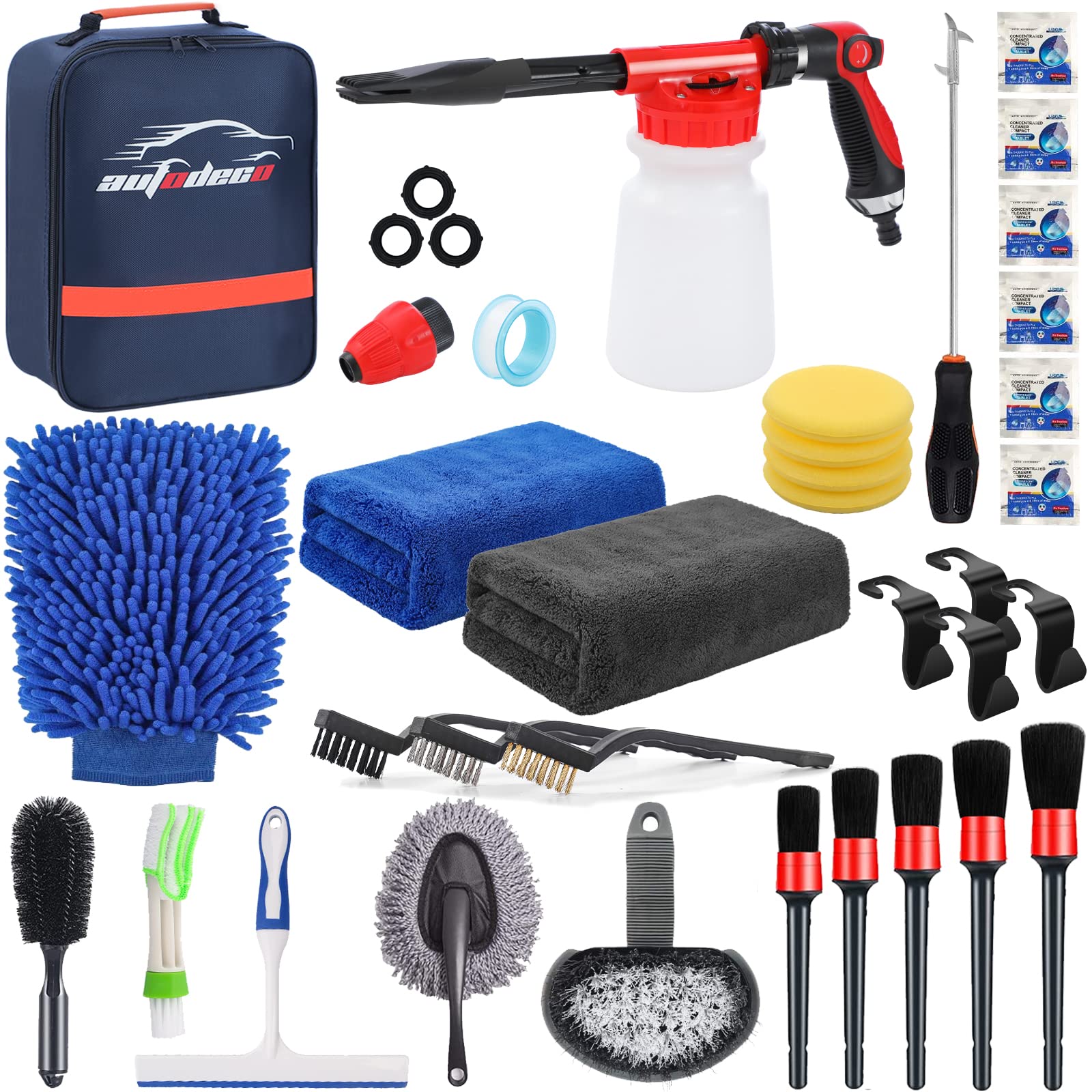 Autodeco 33Pcs Car Wash Detailing Kit Cleaning Kits With Foam Gun Sprayer Brush Large Wash Mitt Towels Complete Interior Exterio