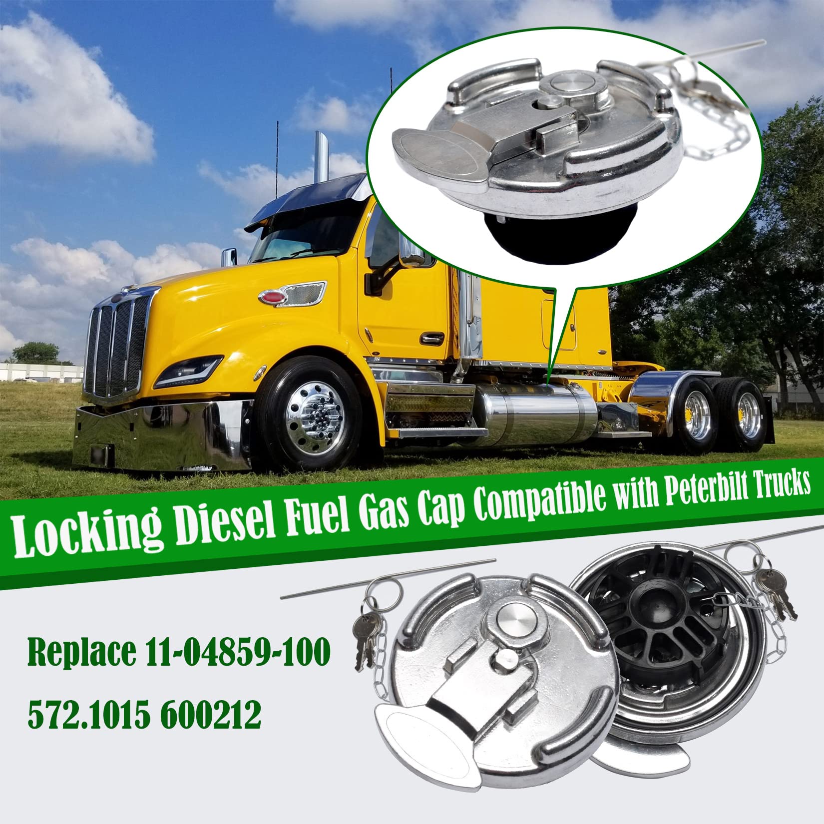 Locking Diesel Fuel Cap 2Pcs Replacement For Peterbilt 379 389 579 4' Lever Style Semi Trucks Gas Tank Accessories Replace 11-04859-100 572.1015 600212 (Silver)