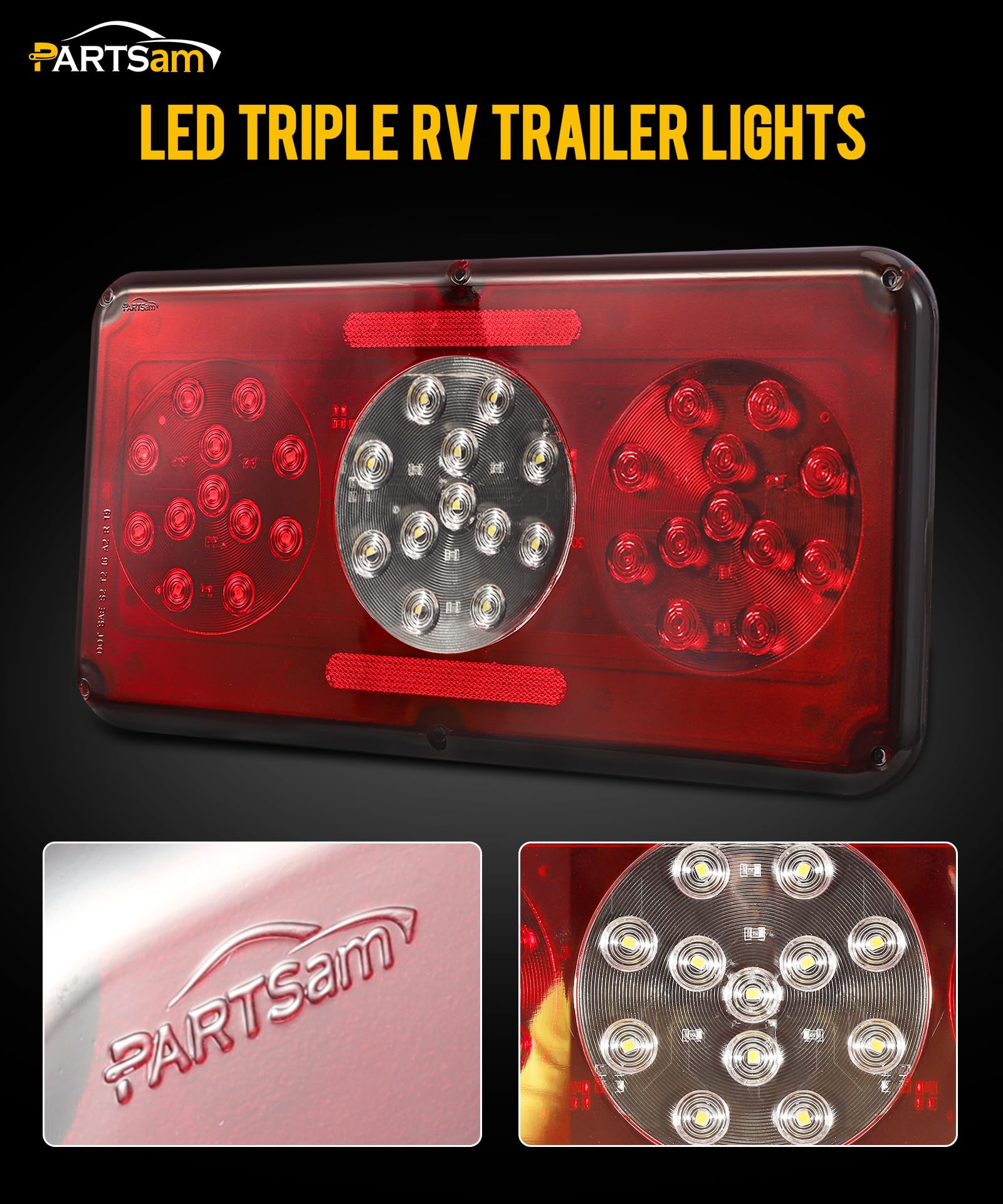 Partsam Rectangular Triple Led Trailer Tail Light Red Rv Camper Motorhome Stop Turn Tail Backup Reverse Lights Vertical And Hori