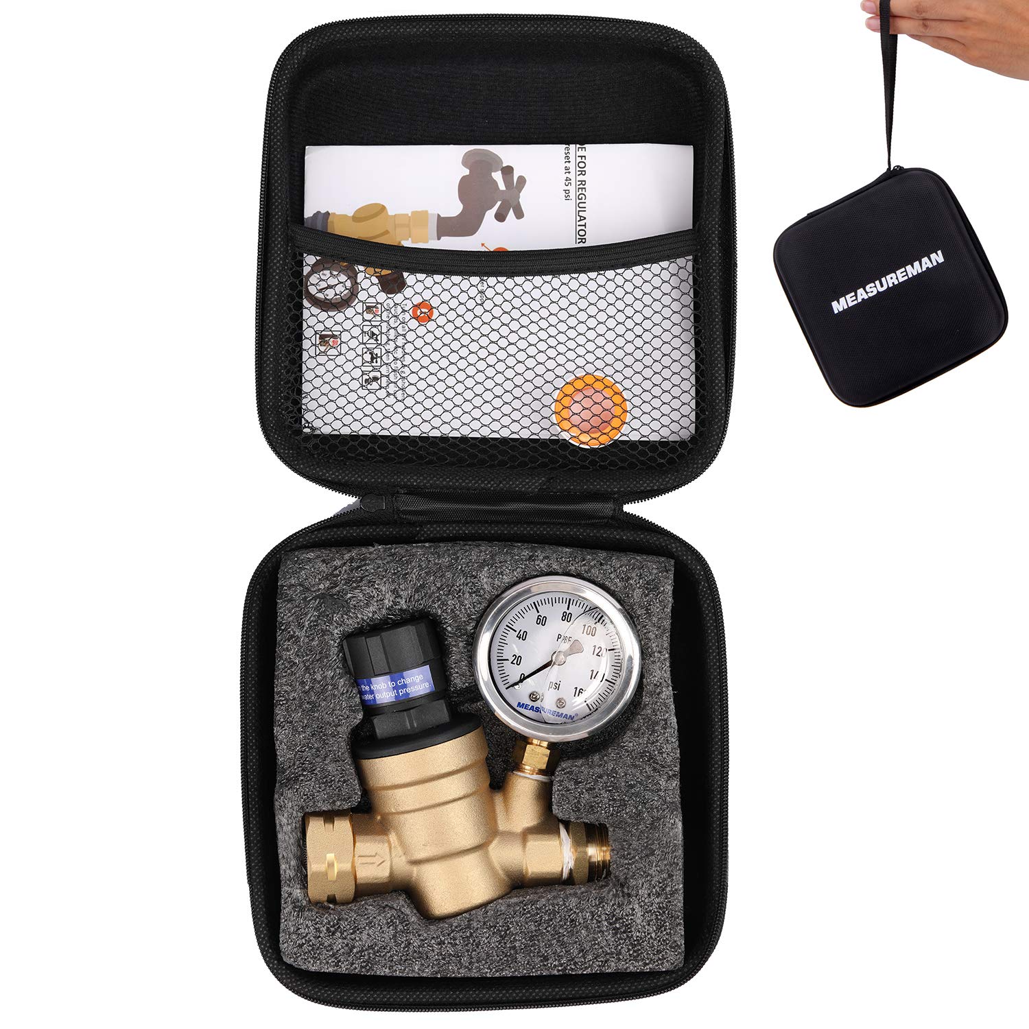 Measureman Handle Adjustable Brass Lead-Free Rv Pressure Regulator, Pressure Reducer With Liquid Filled Pressure Gauge 160Psi An