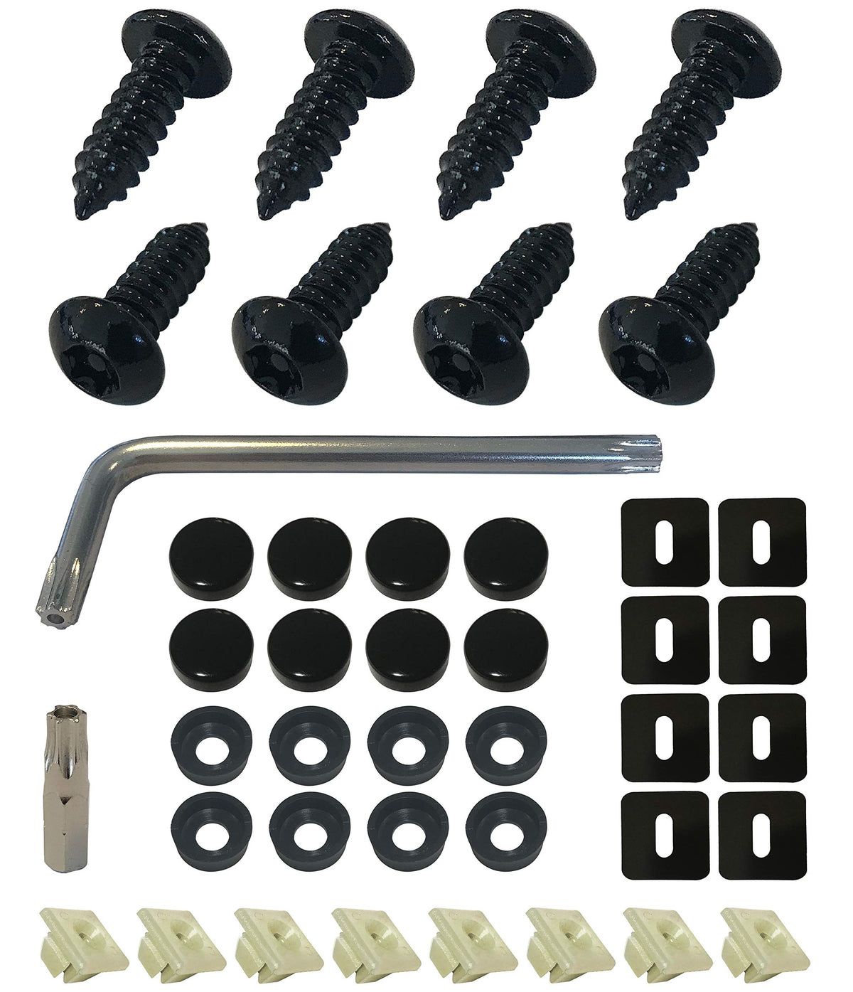 Anti-Theft License Plate Screws Fastener Kit - Rustproof Black Screws, Nylon Screw Inserts, Black Screw Covers, and Anti-Rattle 