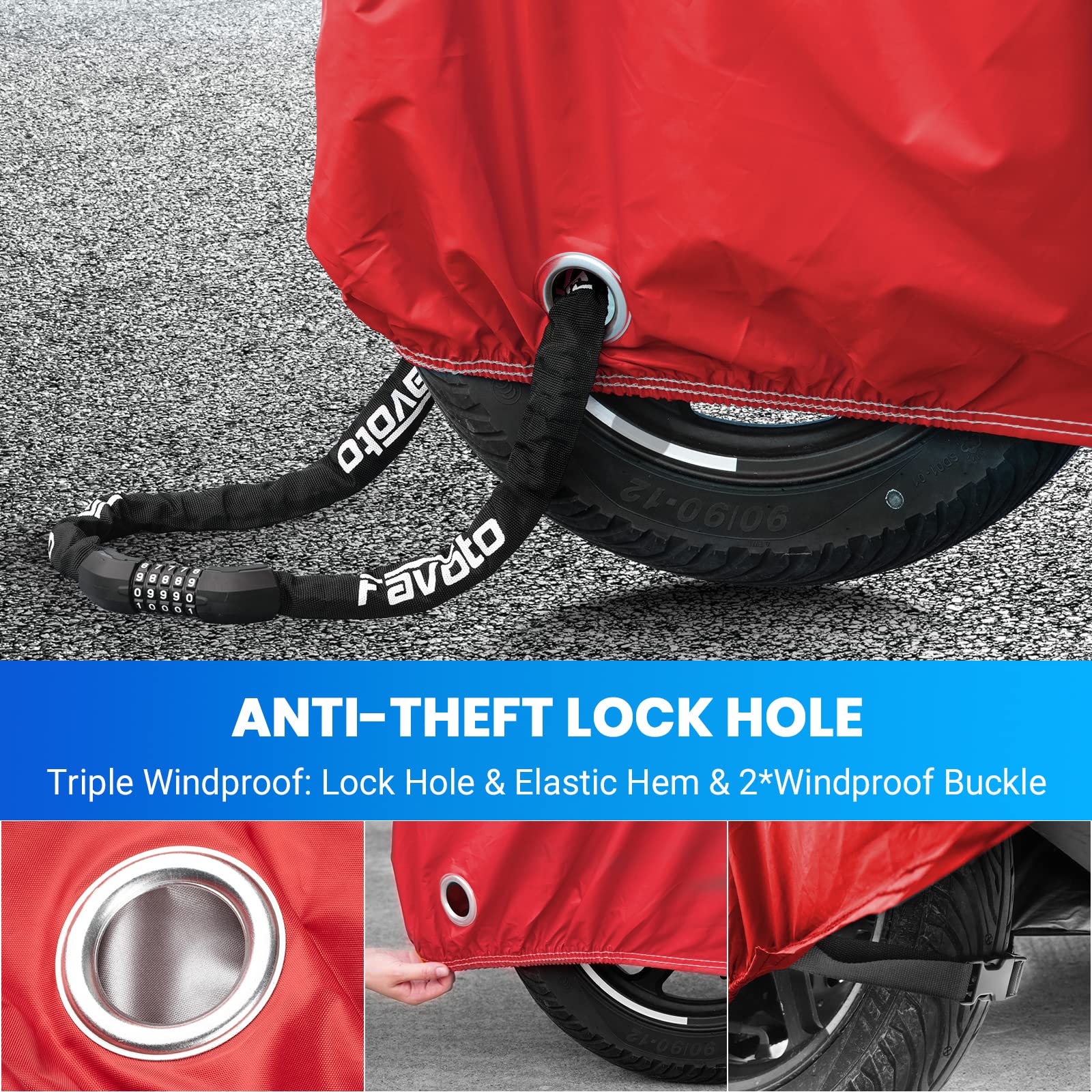 Favoto Motorcycle Cover All Season - Universal Weather Quality Waterproof Sun Rain Outdoor Protection Night Reflective With Lock