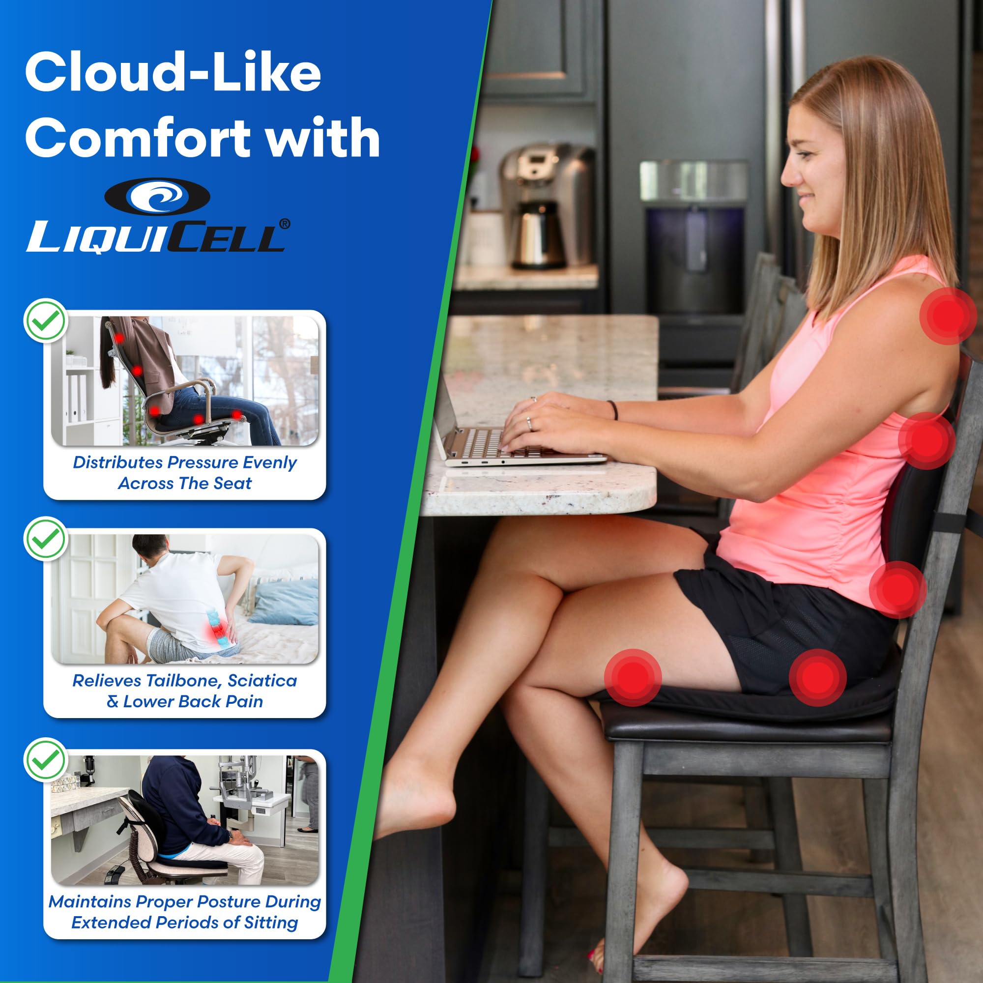 Ergo21 Original Seat Cushion - Liquicell Membrane Technology For Pressure Relief, Tailbone Pain, Sciatica, Hip & Lower Back Pain