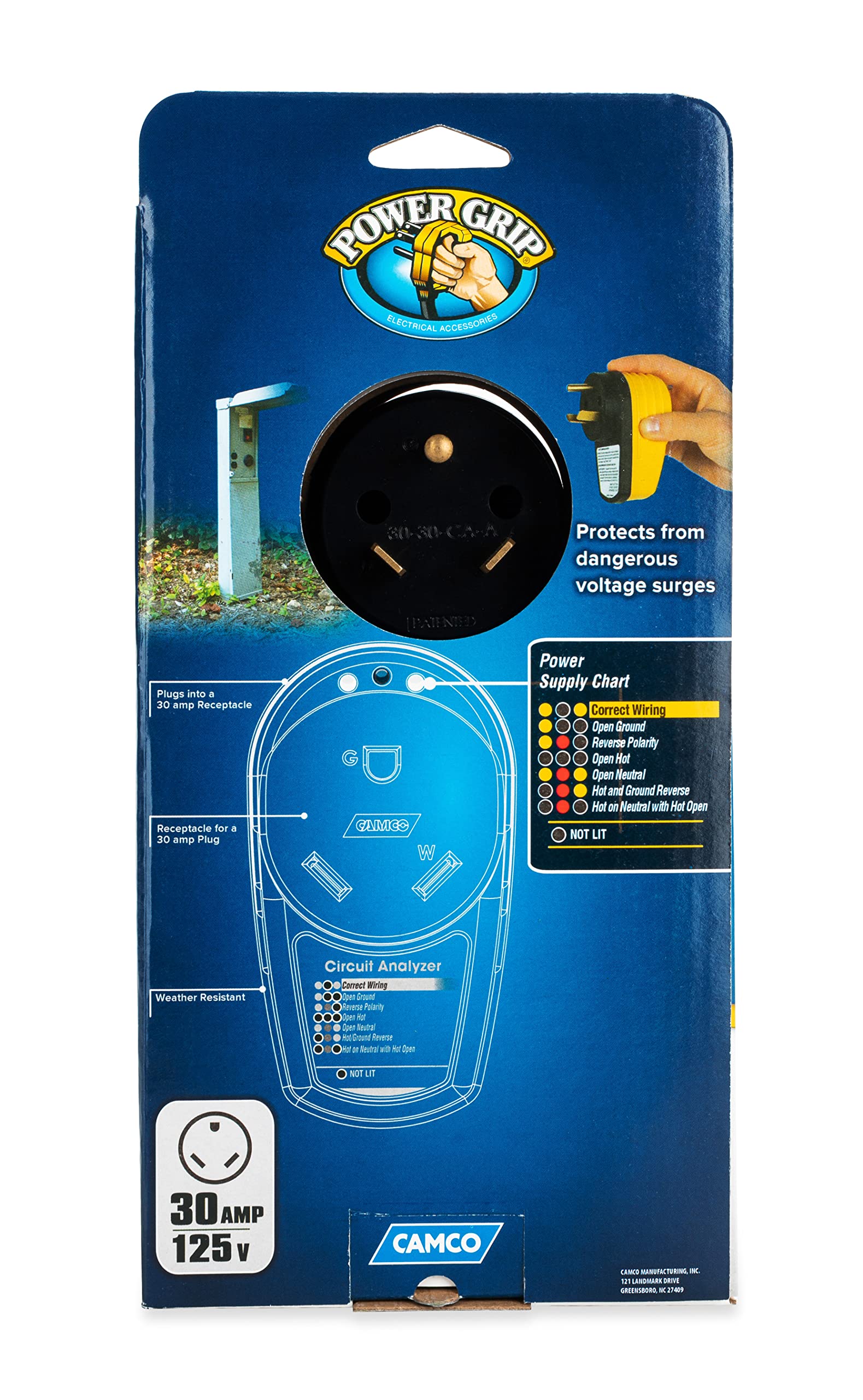 Camco Power Grip Camper/Rv 30-Amp Circuit Analyzer  Features Integrated Surge Protection & Indicator Lights  Protect Rvs From Po