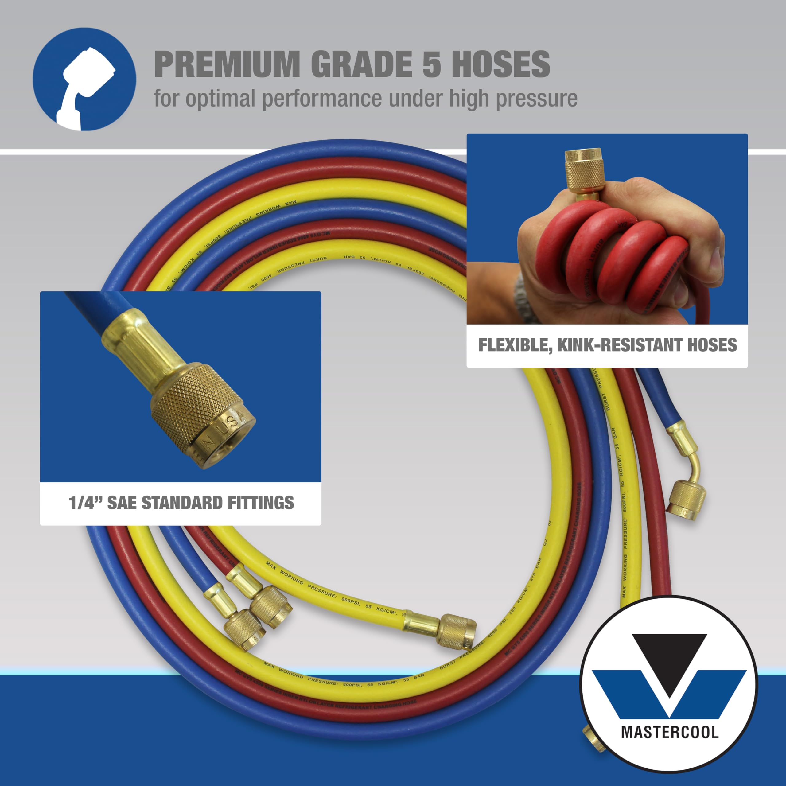 Mastercool 59136 2-Way Heavy Duty Brass Manifold Gauge Set With 3 1/8'' Silicone-Dampened Gauges And 1/4'' Sae Fittings For R410