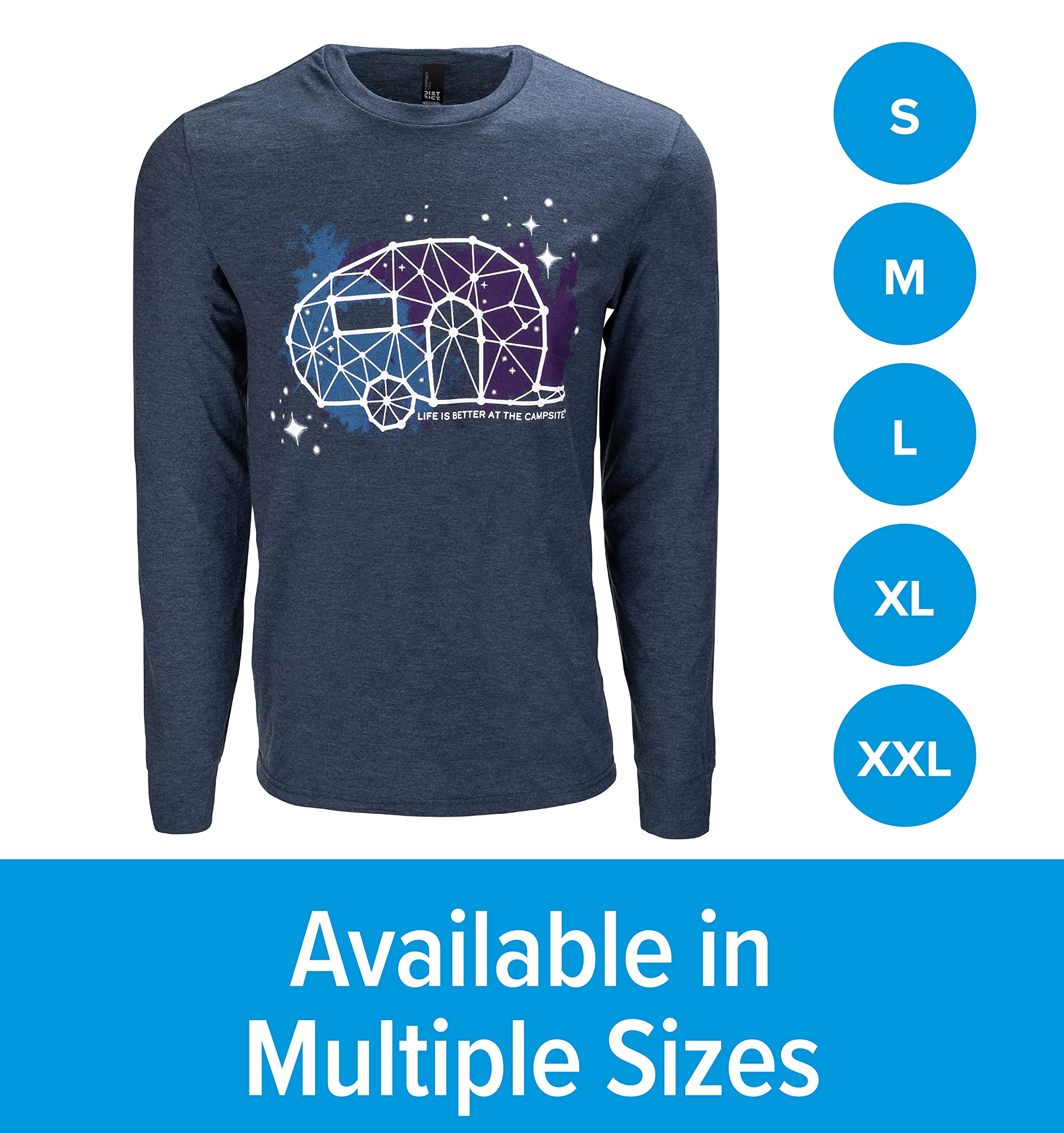 Camco Life is Better at The Campsite Crew Neck Long Sleeve T-Shirt | Features a Soft Tri-Blend Fabric, RV Constellation Design on Frosted Navy, and is Machine Washable | X-Large (53445)