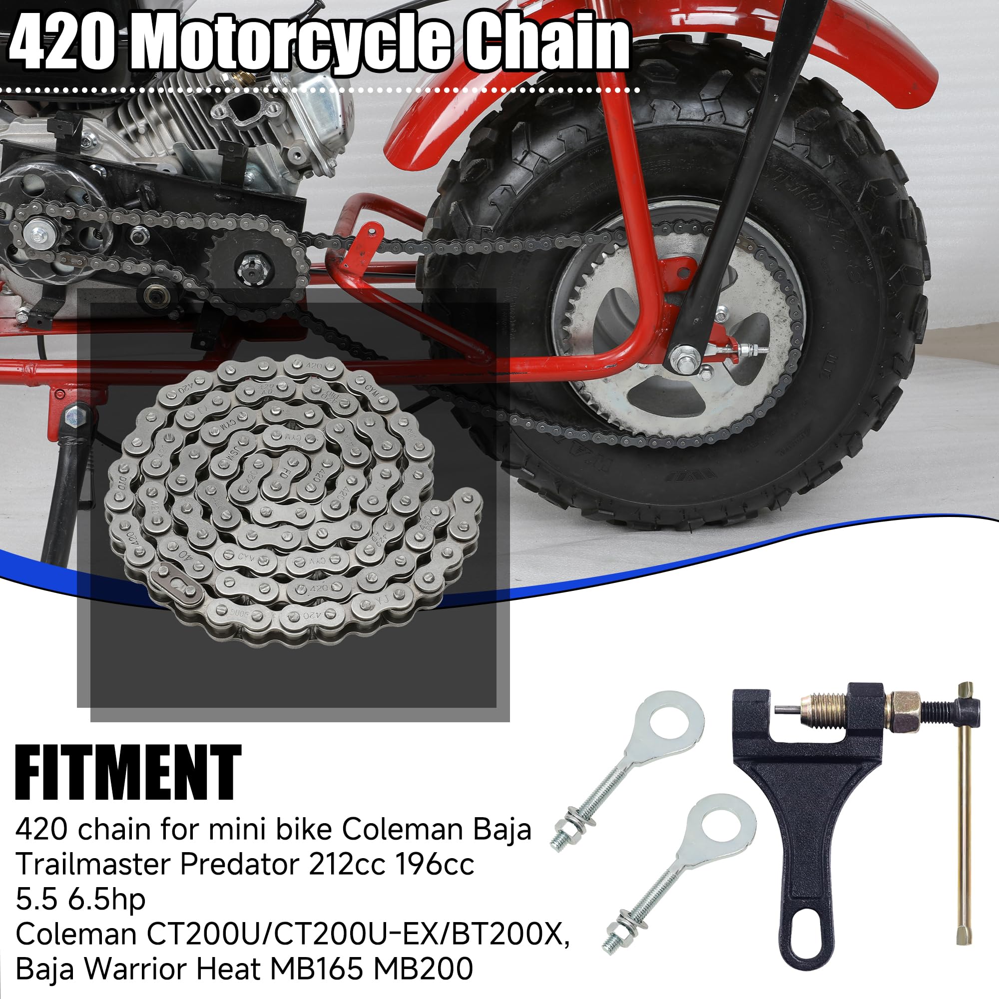 Yoxufa 420 Chain With Mini Bike Chain Breaker Replacement For Coleman Mini Bike Ct200U Bt200X Ct200U-Ex Baja Warrior Mb200 Trail
