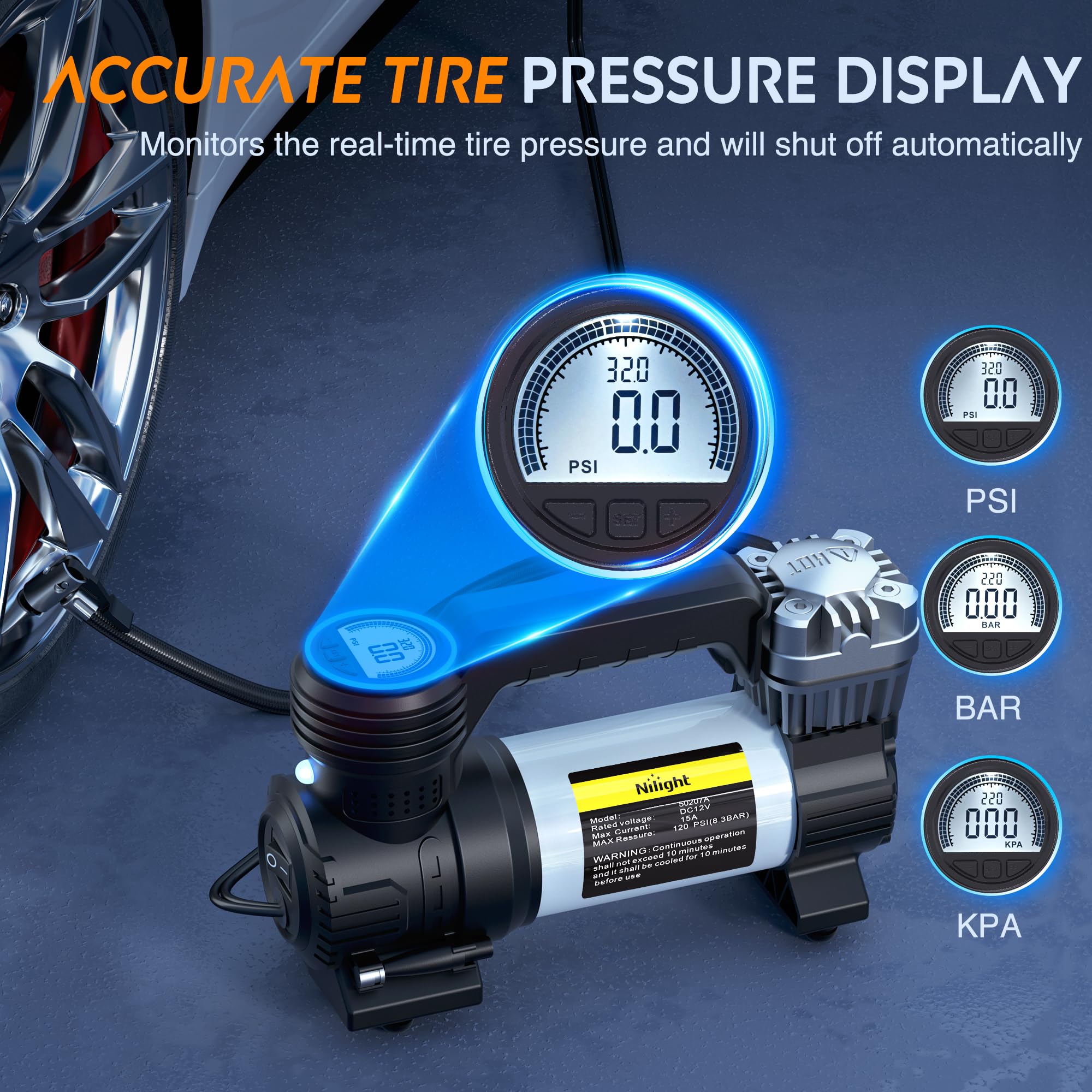 Nilight Portable Air Compressor Tire Inflator 12V Heavy Duty 120Psi Metal Pump Double Cylinder Digital Pressure Fast Inflate Aut