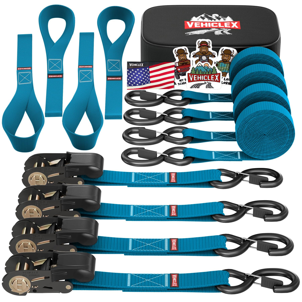 Ratchet Tie-Down Straps Set - (1' X 15', 2200Lbs Breaking Strength) - Vehiclex Soft Loops, Coated S-Hooks, Storage Bag For Atv, Motorcycle, Bicycle, Kayak, Cargo Securing, Blue