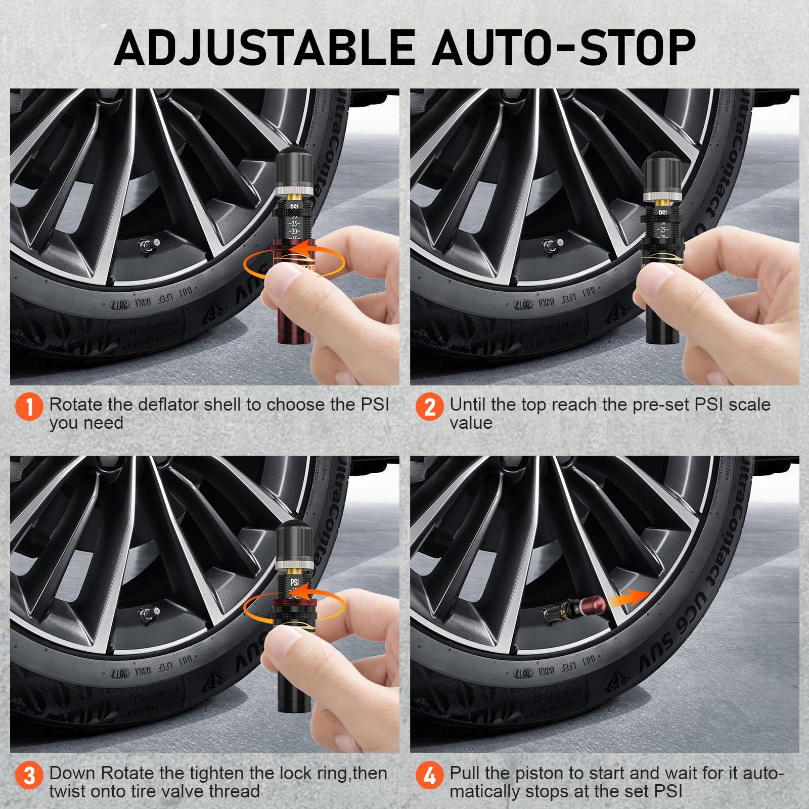 NOVA AUTO 4PCS Adjustable Auto-Stop Tire Deflator Kit 10-30 PSI, Air Down Tire Deflators Offroad Accessories 4x4, Screw-on Air D