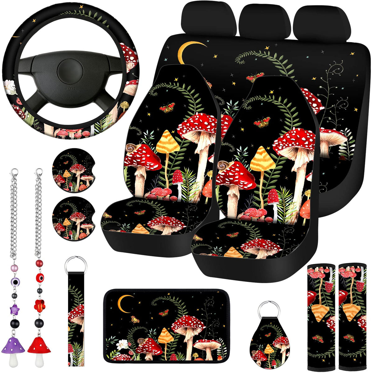 17 Pcs Mushroom Car Seat Covers Car Accessories Full Set for Women Men Automotive Rear Front Seat Protector View Mirror Hanging 