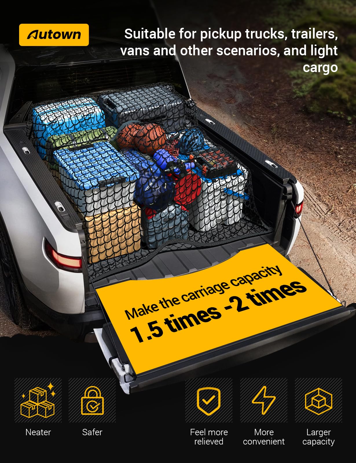 Autown Cargo Net For Pickup Truck Bed - Stretchable 4'X4' To 7'X7', High Elastic Fine Mesh 1''X1'' With 8 Metal Carabiners - Ide