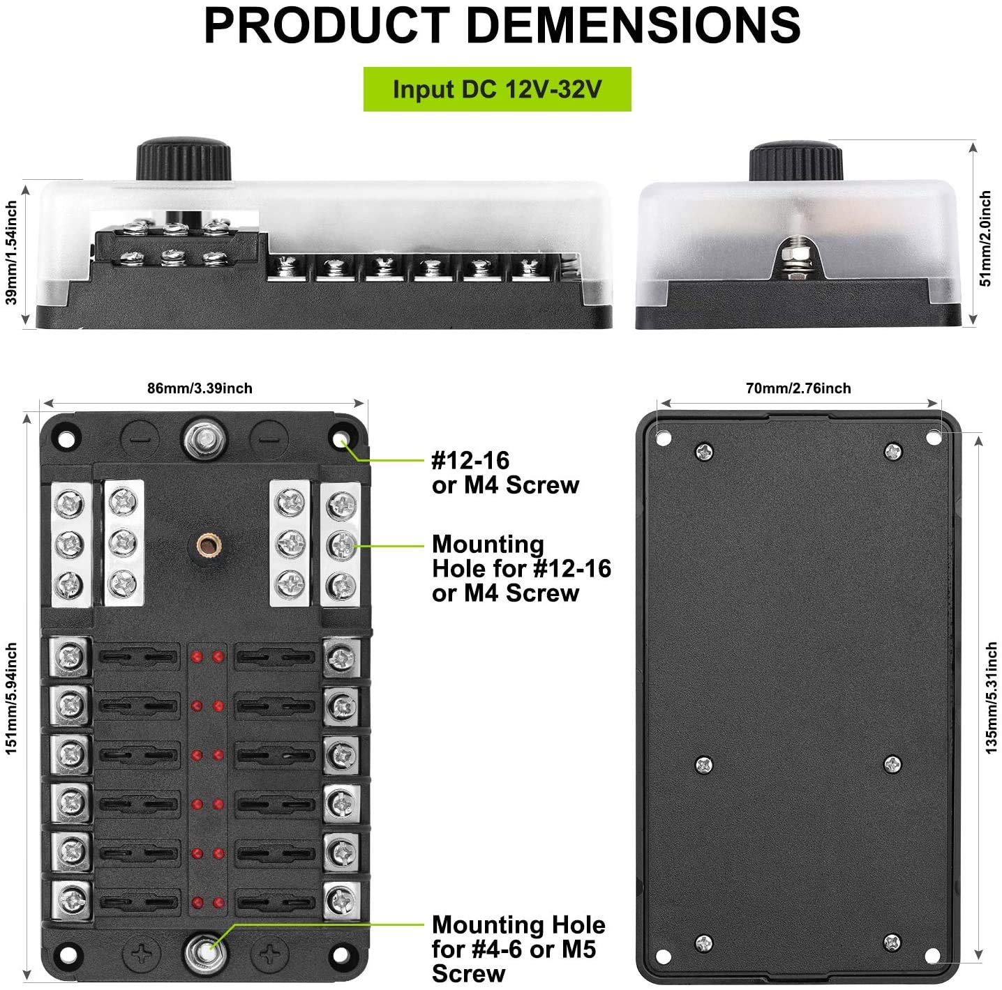 12 Way Fuse Block W/Negative Bus - Atc/Ato 12 Circuit Fuse Box With Ground, With Negative Bus & Protection Cover, Bolt Connect T