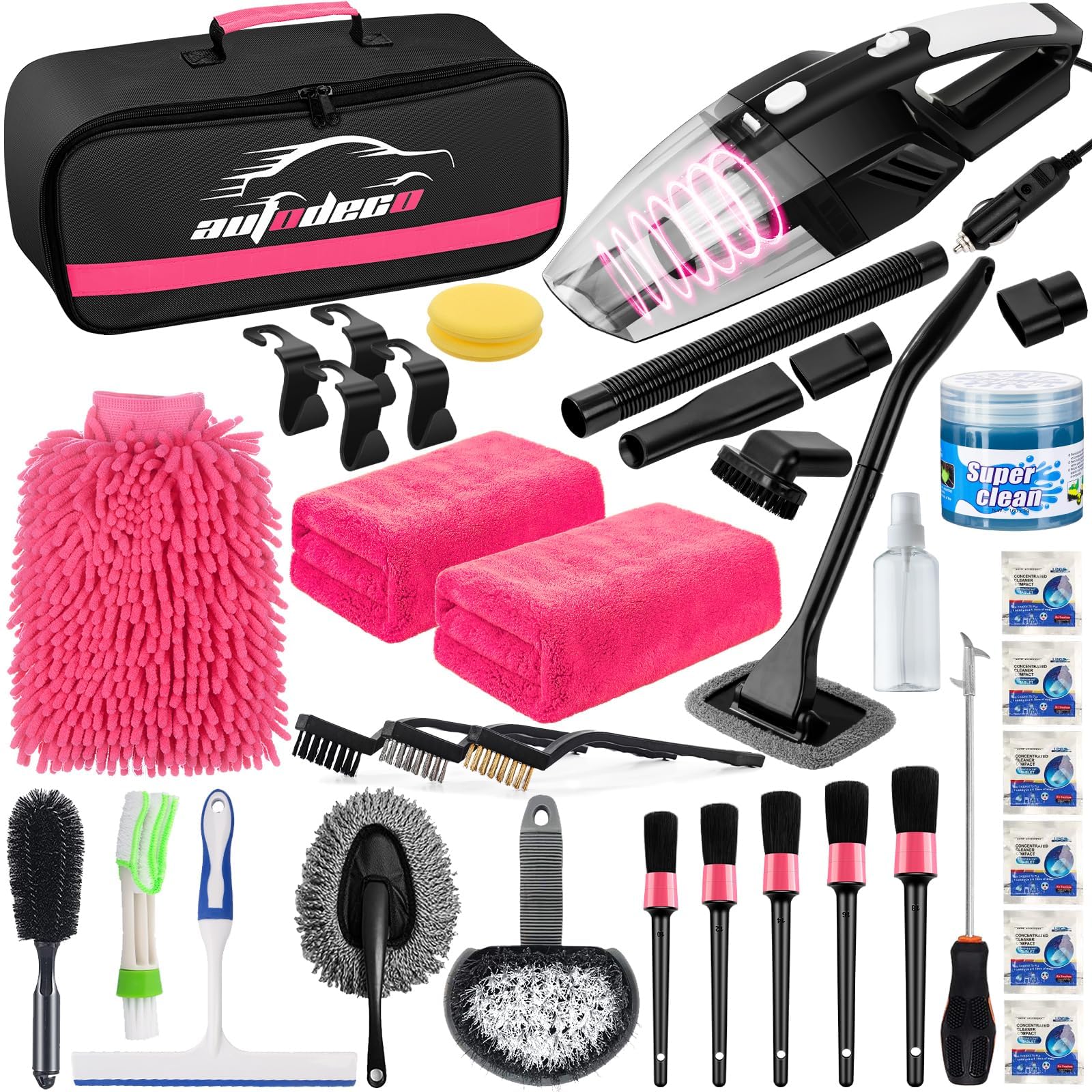 Autodeco 39Pcs Car Cleaning Wash Kit Interior Detailing Cleaner Kit With High Power Handheld Vacuum, Brush Set, Windshield Tool,