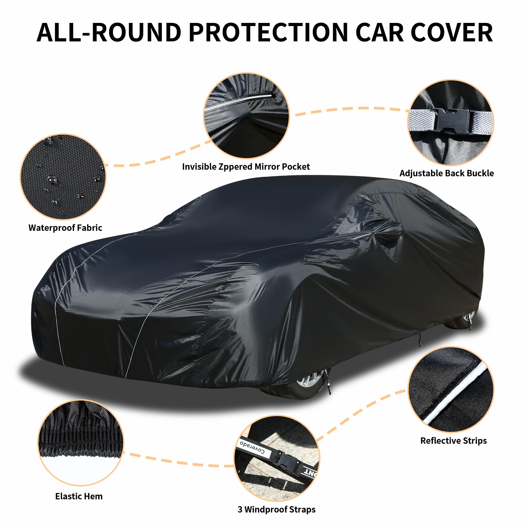 Coverado Car Cover Waterproof All Weather, Outdoor Car Covers For Automobiles With Zipped Mirror Pocket, Sun Uv Snow Wind Dust P