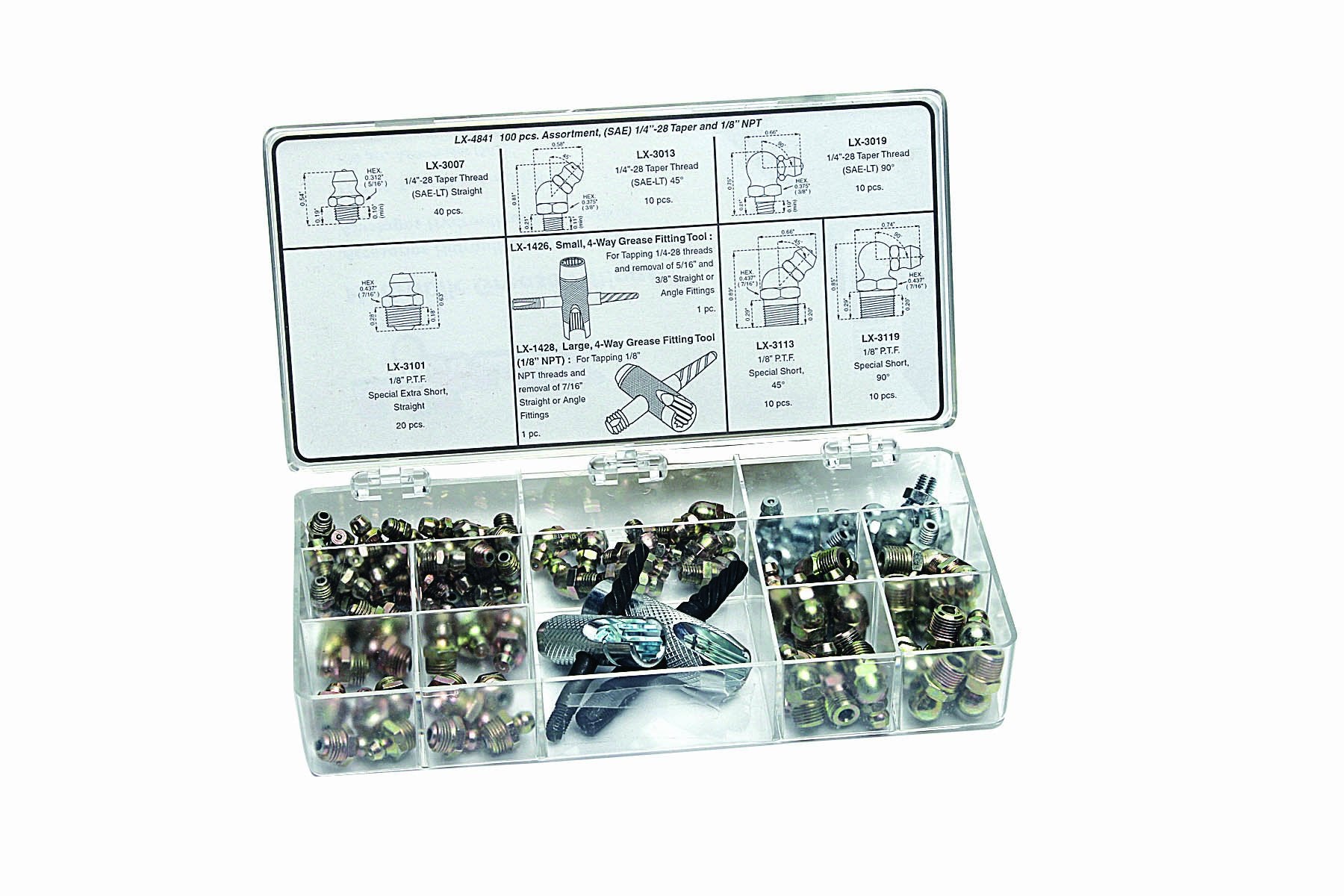 Lumax Lx-4841 Gold/Silver (Sae) 1/4'-28 Taper And 1/8' P.T.F. 100 Piece Grease Fitting Assortment. Designed To Meet The Demanding Requirements Of Most Automotive, Agricultural, Industrial