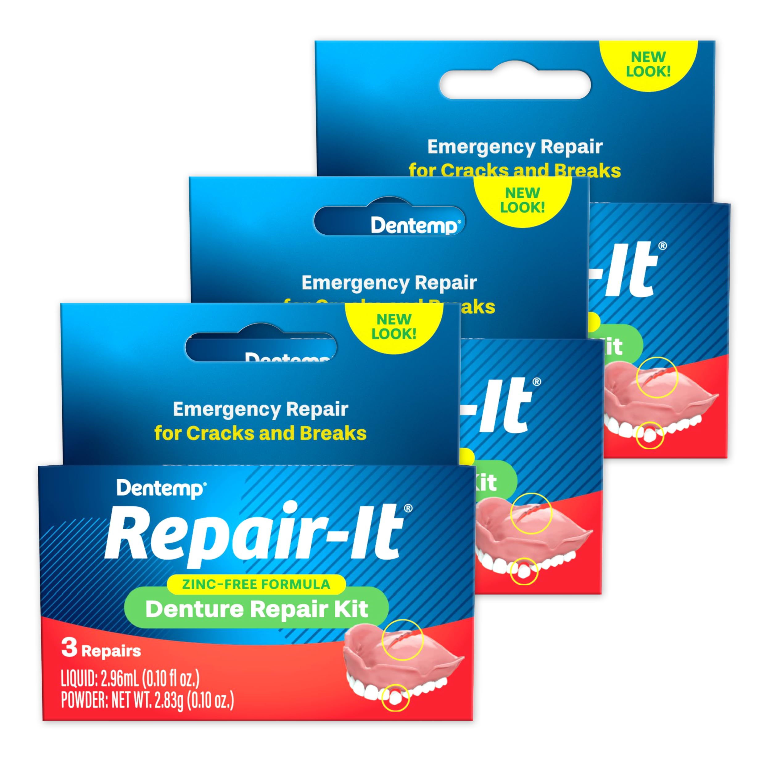 Dentemp Repair Kit - Repair-It Advanced Formula Denture Repair Kit (Pack of 3) - Denture Repair Kit Repairs Broken Dentures - Denture Repair to Mend Cracks & Replace Loose Teeth-New