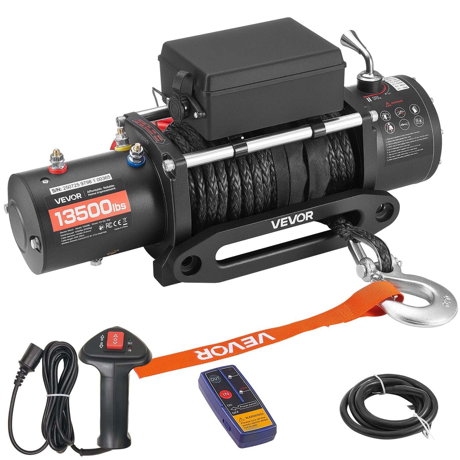 VEVOR Electric Winch, 13500 lbs Load Capacity, 12V DC Truck Winch with F3/8 in x 85 ft Synthetic Rope, Wireless & Wired Remote C