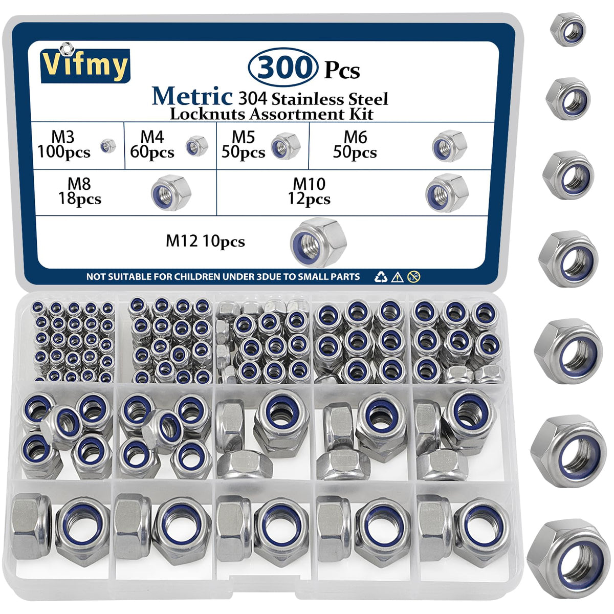 Vifmy Locknuts Assortment Kit (300 Piece),M3 M4 M5 M6 M8 M10 M12 Metric Nylon Insert Lock Nut Sets,Assorted 304 Stainless Steel Locknut