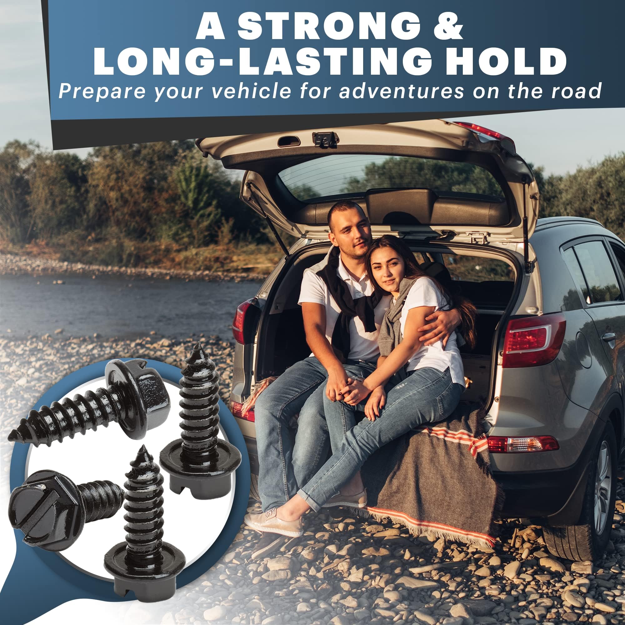 Black License Plate Screws Kit - Set of 8 Fasteners For Front and Back License Plates and License Plate Frames or Covers on Dome