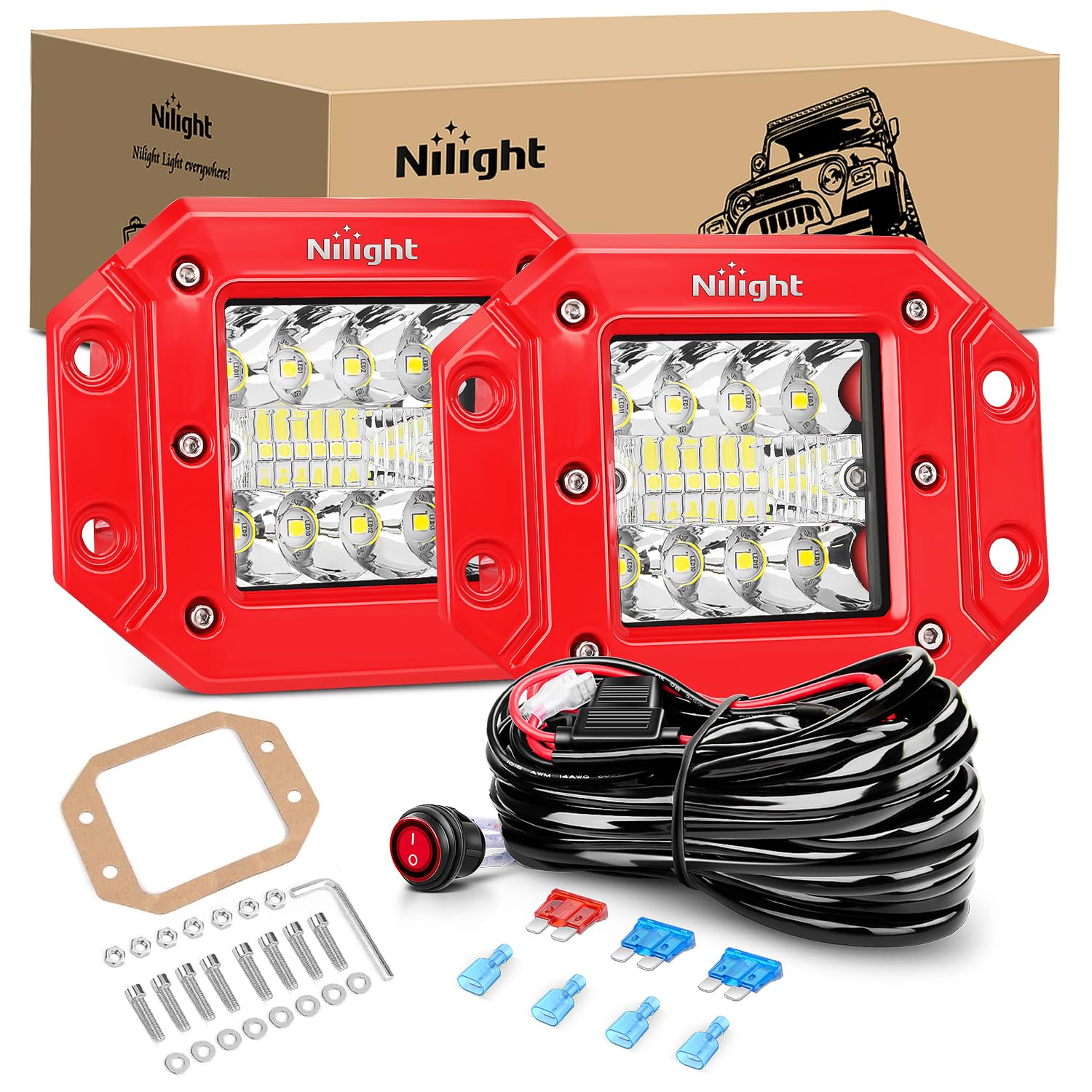 Nilight 2Pcs 42W Flush Mount Led Pods Spot Flood Combo Beam With Wiring Harness Kit For Driving Backup Reverse Grill Mounting Li