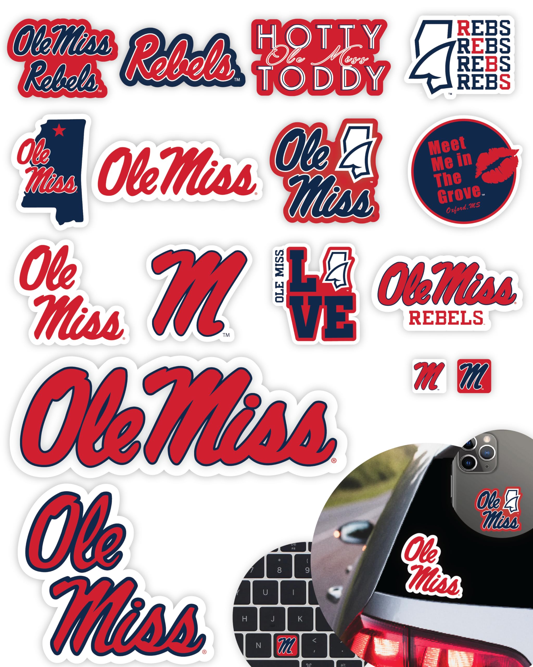 Ole Miss Stickers (14 Piece) Ole Miss Rebels Gifts For Men Football Fans For Car Laptop Water Bottle + 2 Large Mississippi Car D